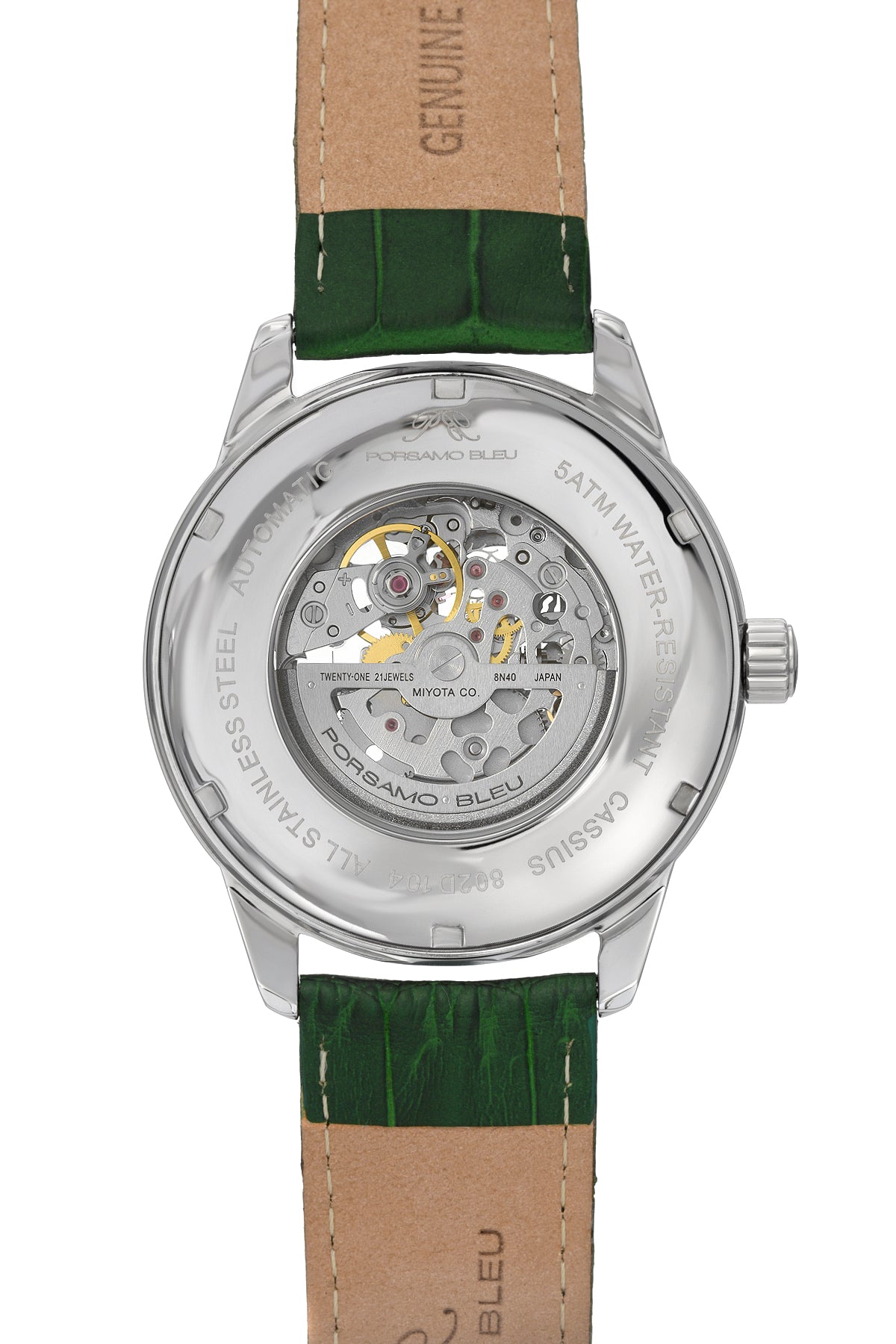 Porsamo Bleu Cassius Luxury Automatic Men's Watch, Genuine Leather Band, Silver, Green 802DCAL