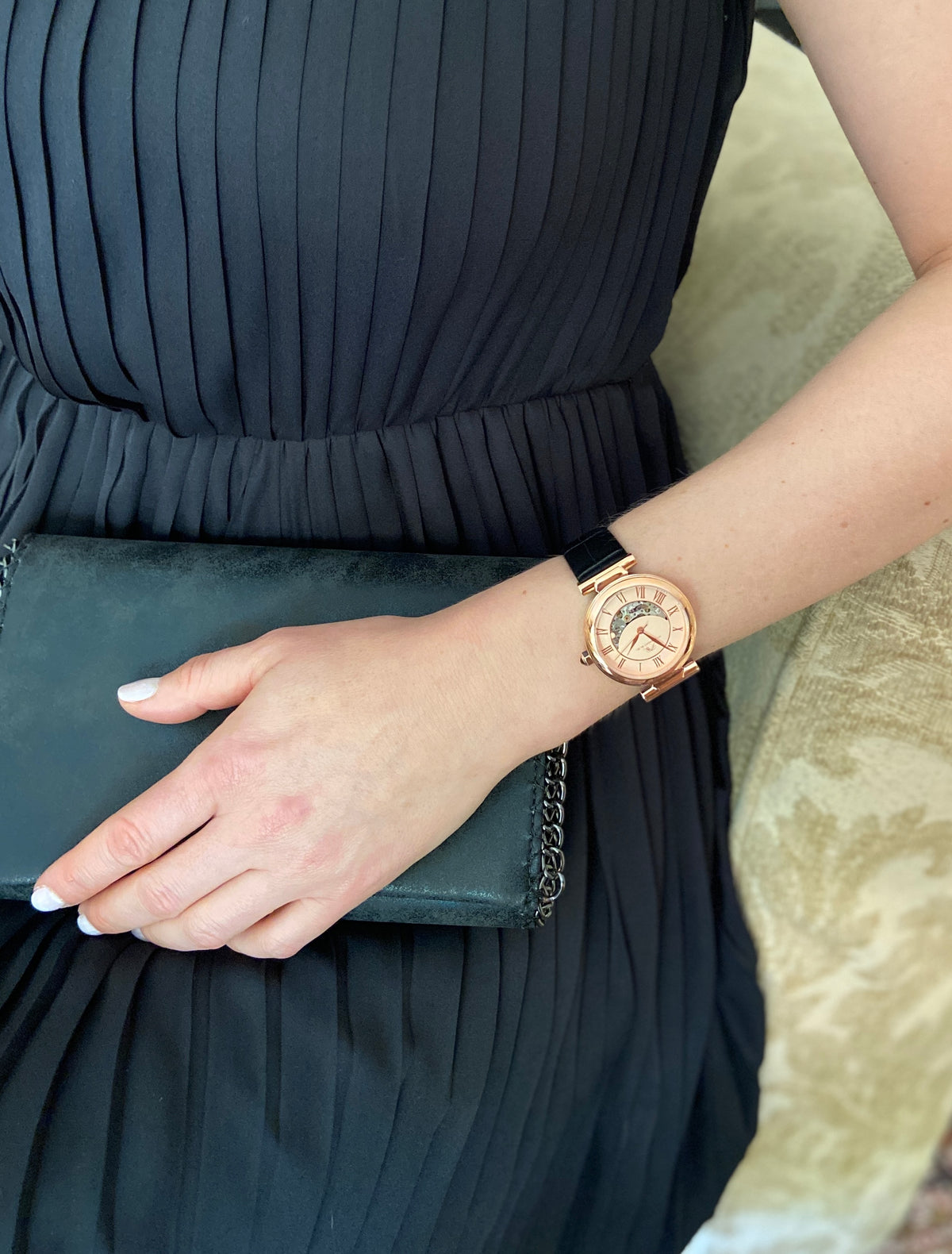 Porsamo Bleu Coco Luxury Automatic Women's Watch, Genuine Leather Band, Rose, Black 811CCOL