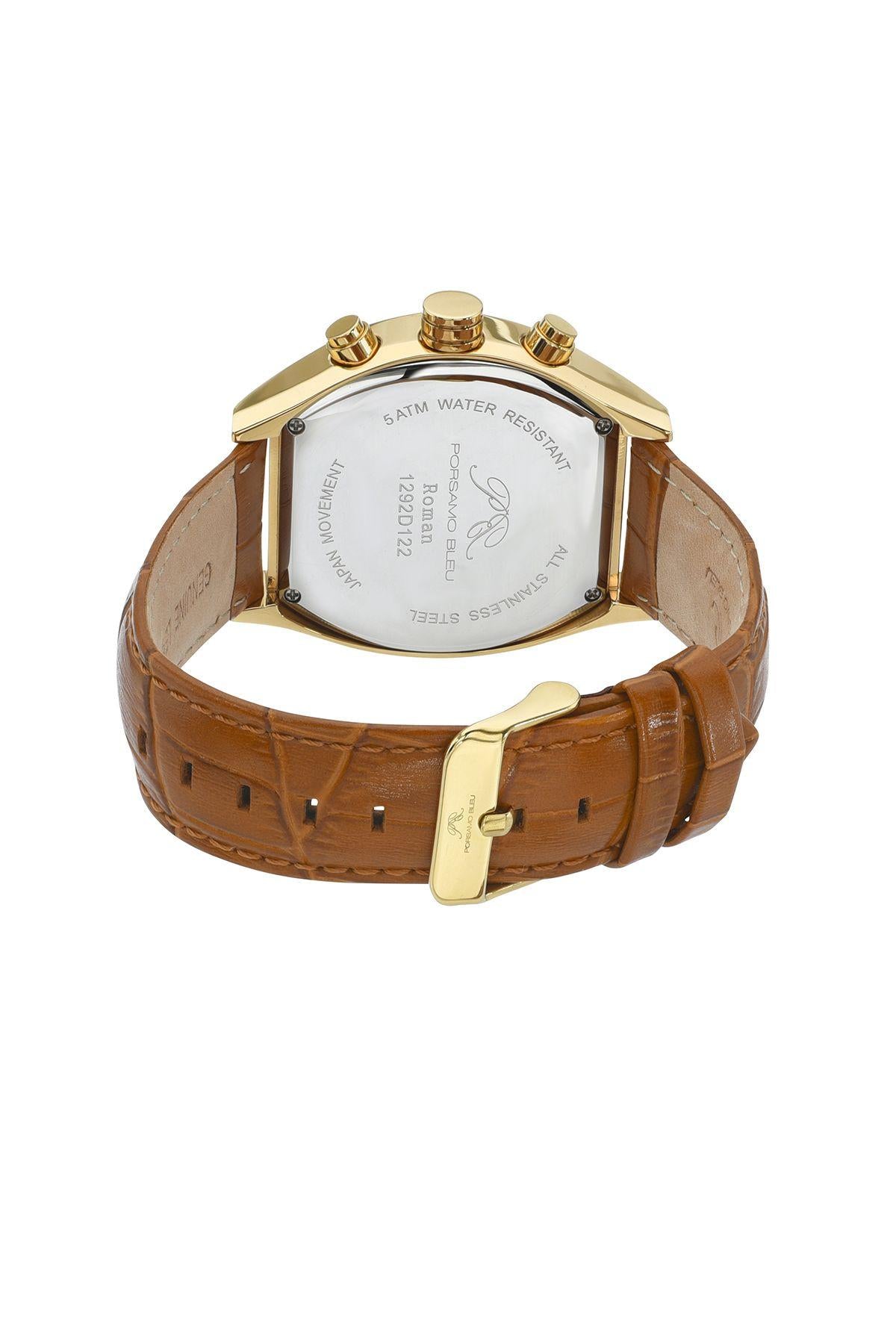 Porsamo Bleu Roman Luxury Men's Genuine Leather Chronograph Watch With White Dial, Gold, Brown, 1292DROL