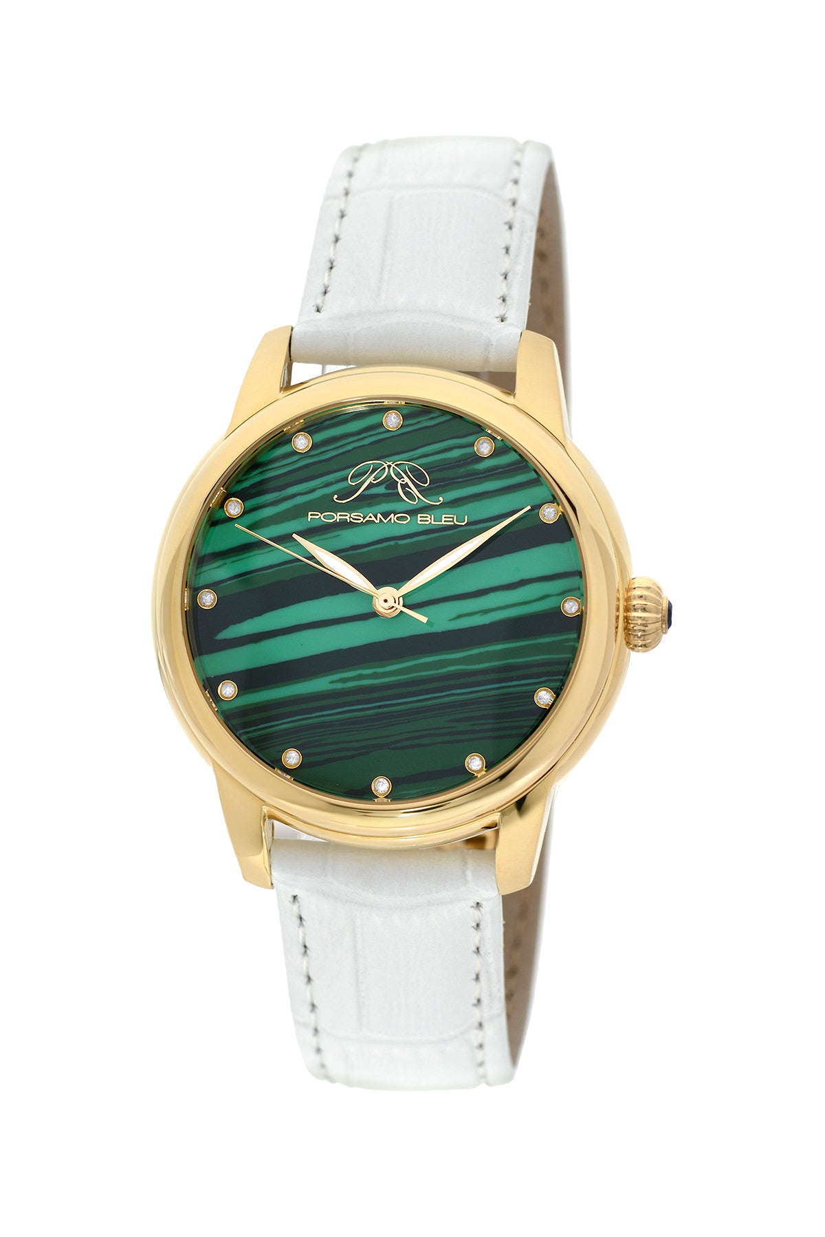 Porsamo Bleu Gemma luxury diamond women's watch, genuine leather band, gold, white, malachite 732CGEL