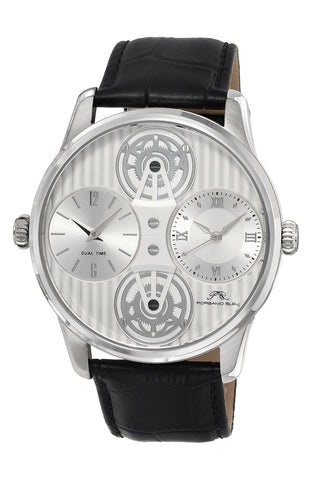 Porsamo Bleu Benedict Luxury Two Movements Men's Genuine Leather Band Watch, Silver, Black 1161ABEL