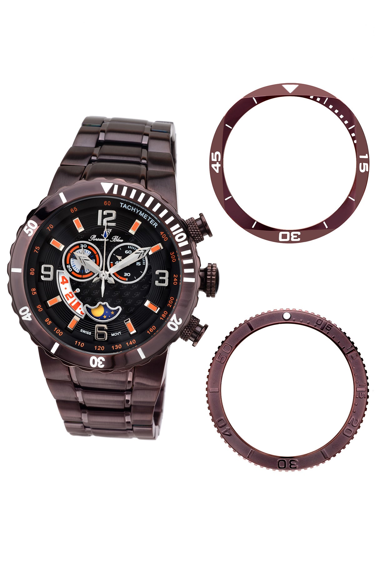 Porsamo Bleu Las Vegas Luxury Men's Stainless Steel Watch, Interchangeable Bezels, Dark Brown 111ELVS