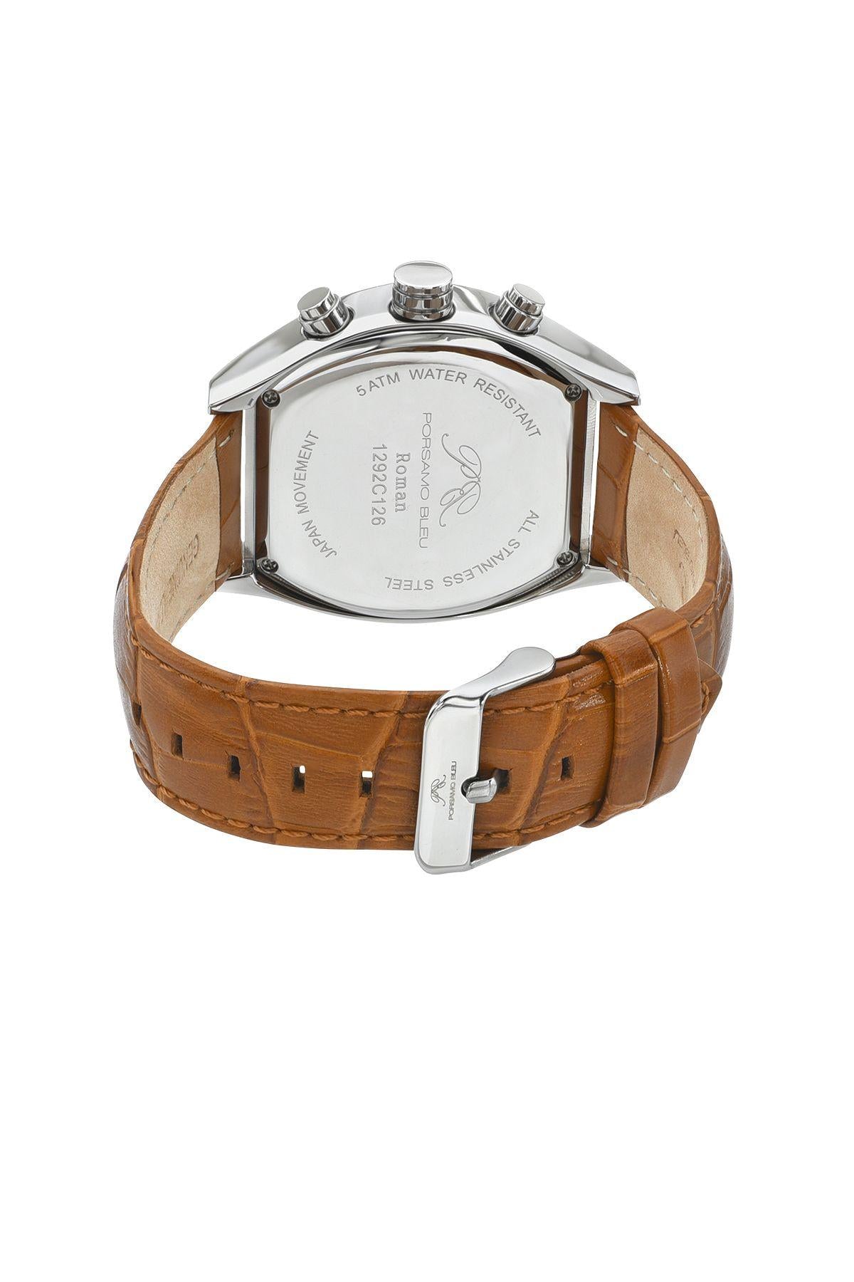 Porsamo Bleu Roman Luxury Men's Genuine Leather Chronograph Watch With White Dial, Silver, Brown, 1292CROL