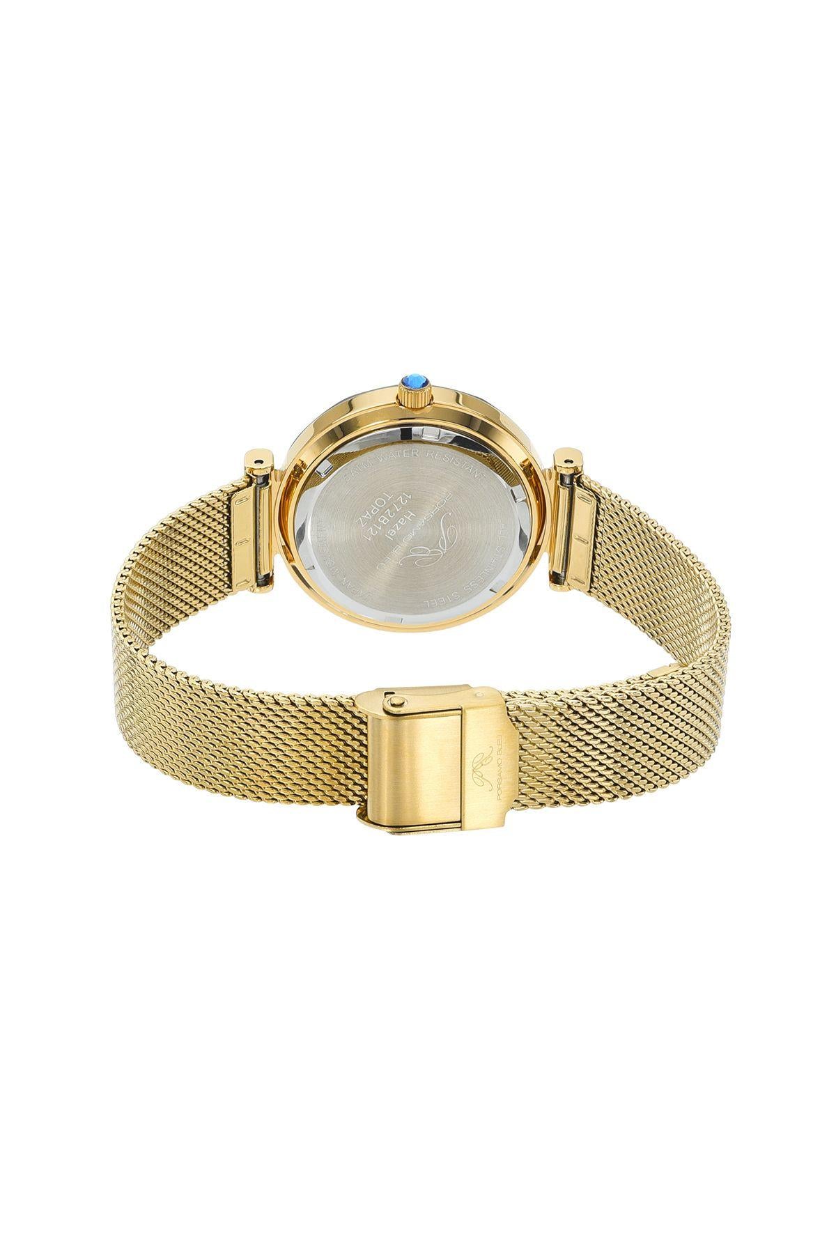 Porsamo Bleu Hazel Luxury Topaz Women's Stainless Steel Watch With Blue MOP Dial And Faceted Crystal Bezel, Gold, 1272BHAS
