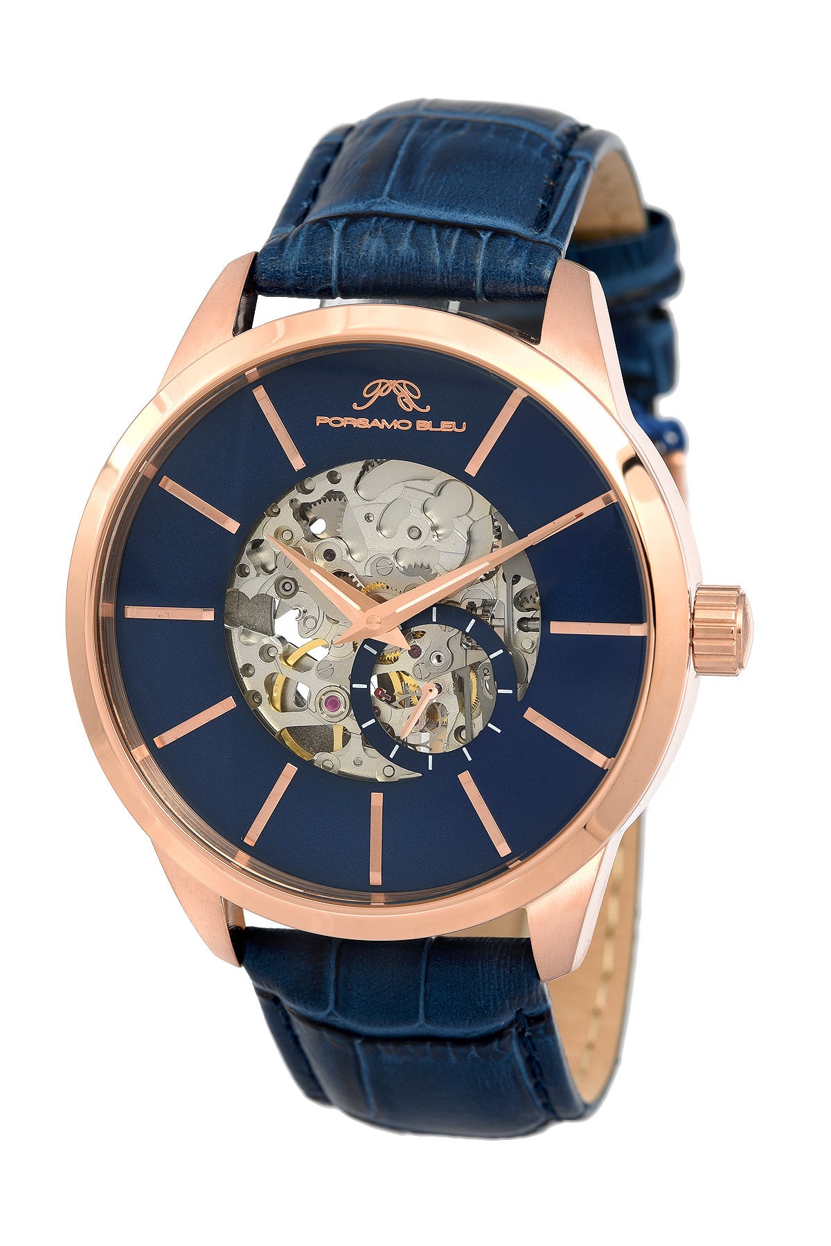 Porsamo Bleu Cassius luxury automatic men's watch, genuine leather band, rose, blue 802CCAL