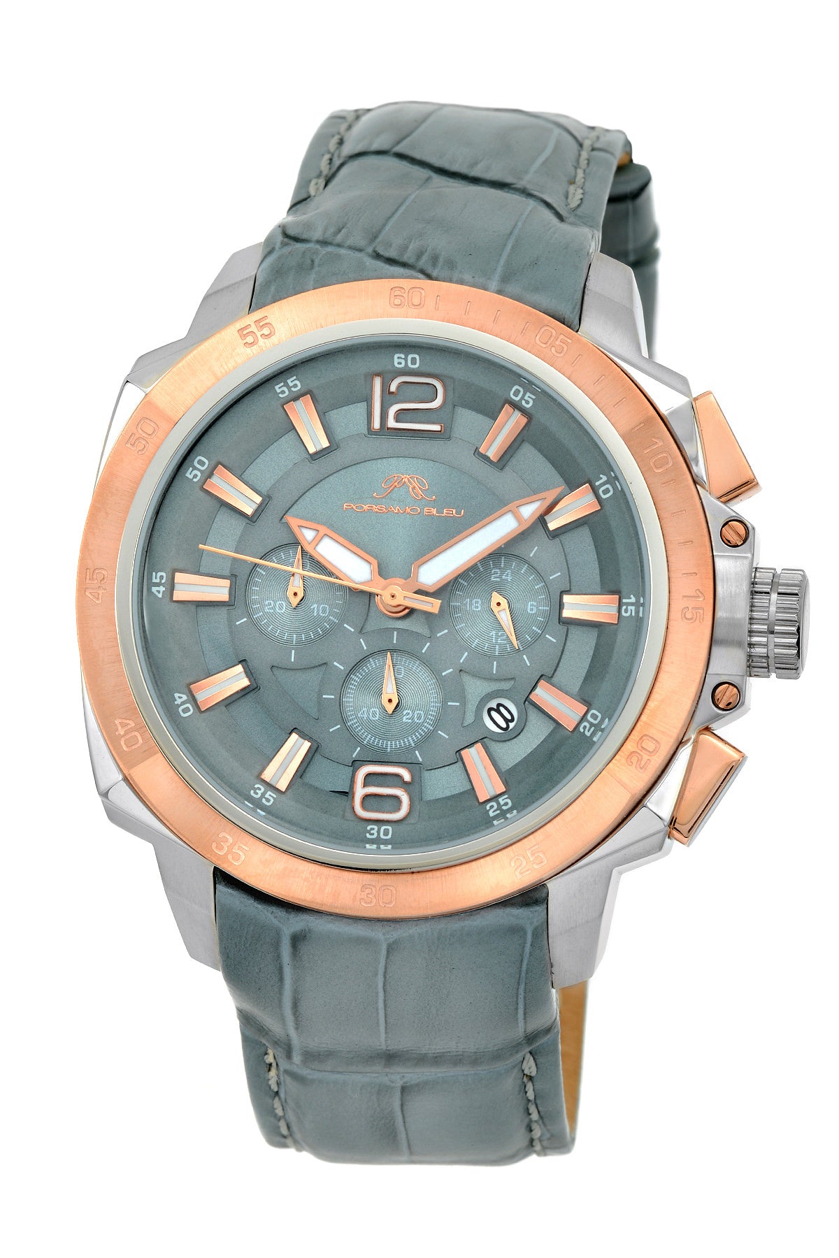 Porsamo Bleu Olivier luxury chronograph men's watch, genuine leather band, rose, grey 322AOLL
