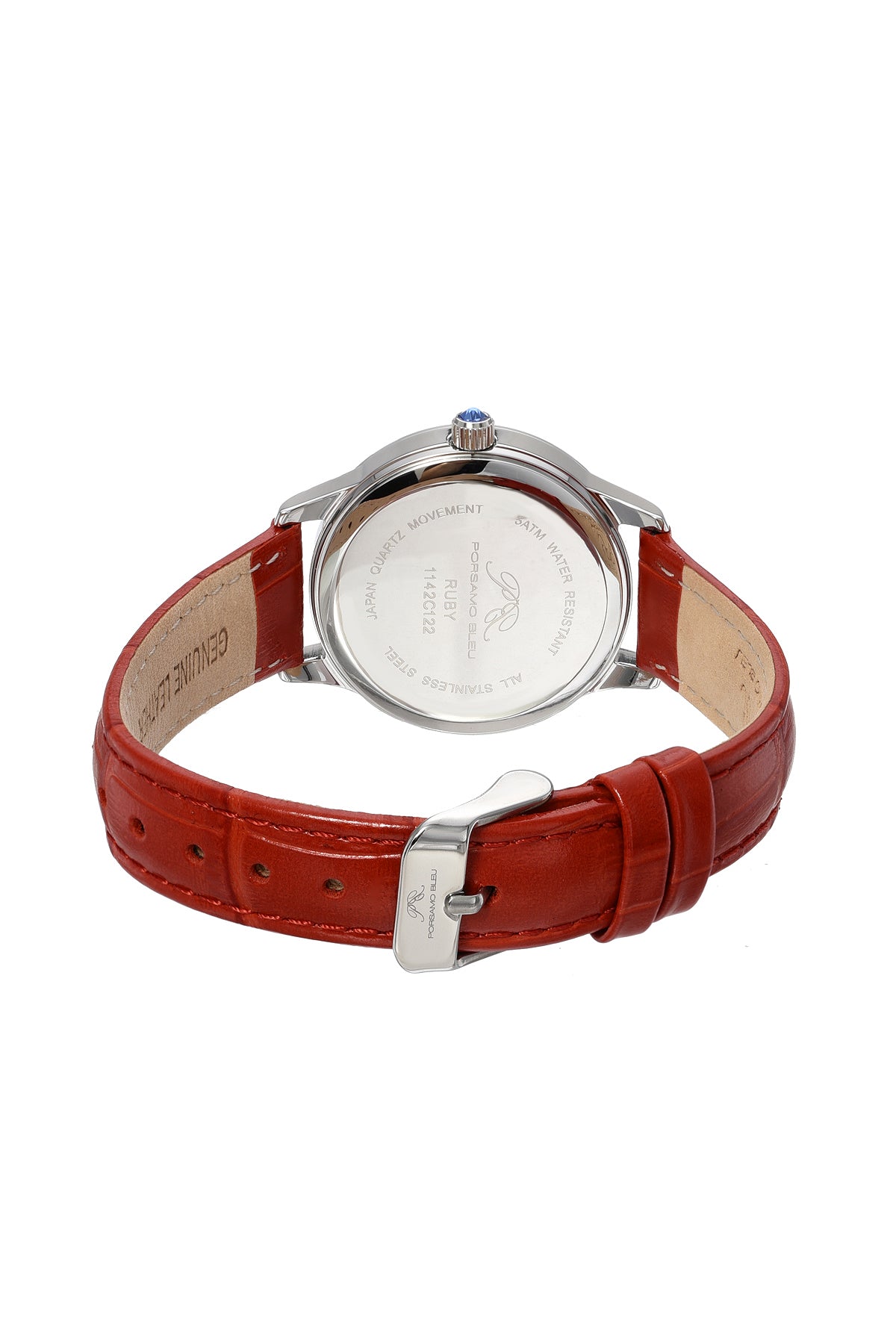 Porsamo Bleu Ruby Luxury Women's Genuine Leather Band Watch, Silver, Red 1142CRUL