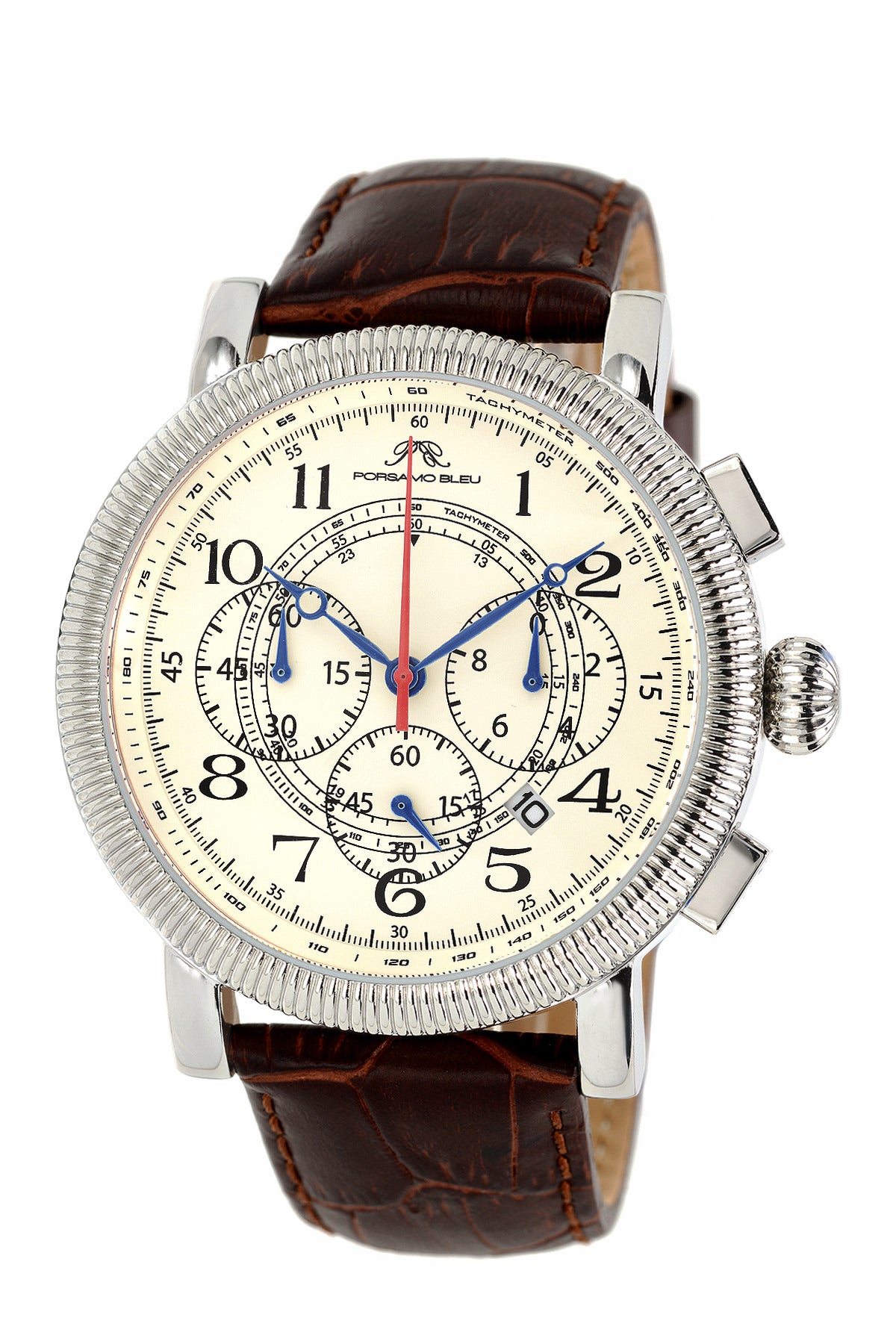 Porsamo Bleu Phileas Luxury Chronograph Men's Watch, Genuine Leather Band Silver, Brown 471APHL