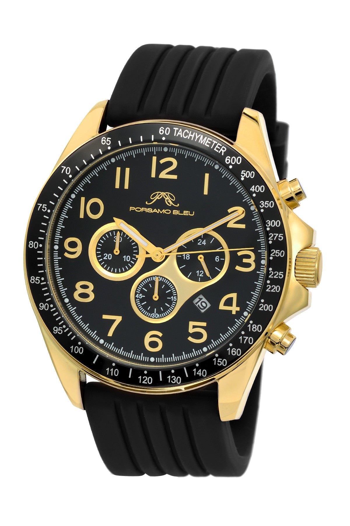 Porsamo Bleu Wolfgang luxury  chronograph men's watch, silicone strap, gold, black 571BWOR