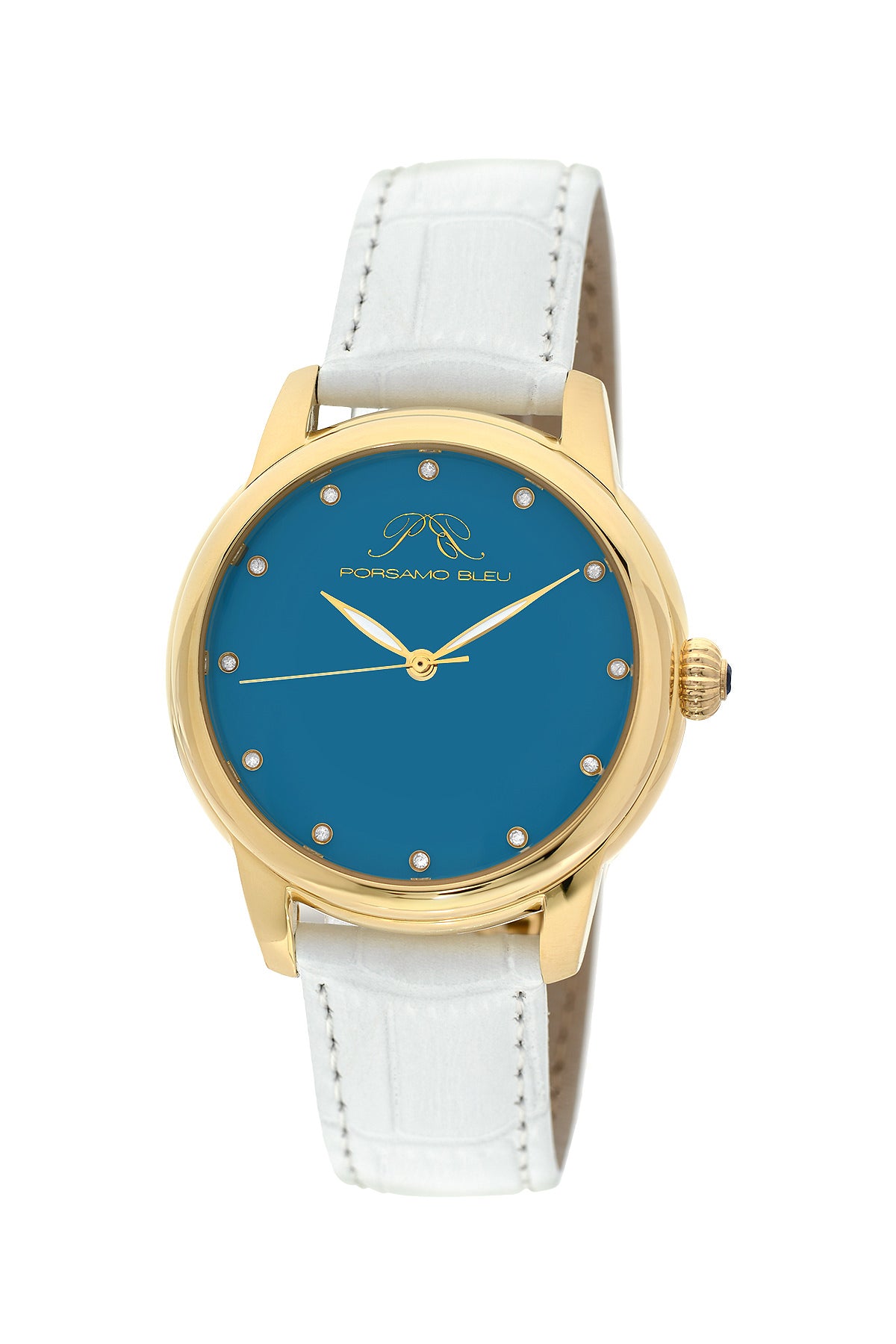 Porsamo Bleu Gemma luxury diamond women's watch, genuine leather band, gold, white, turquoise 732AGEL