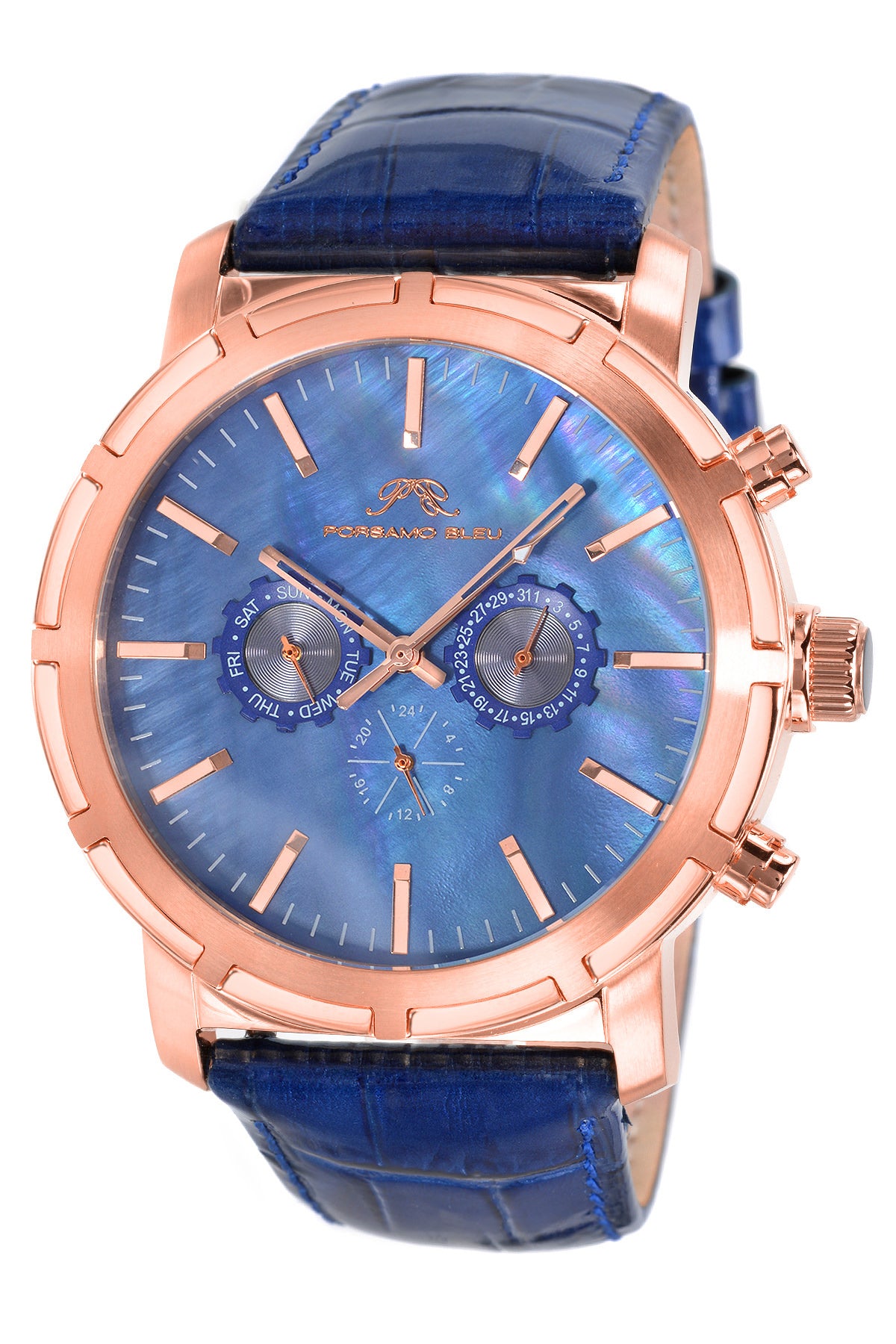 Porsamo Bleu NYC luxury men's watch, genuine leather band, rose, blue 056CNYL