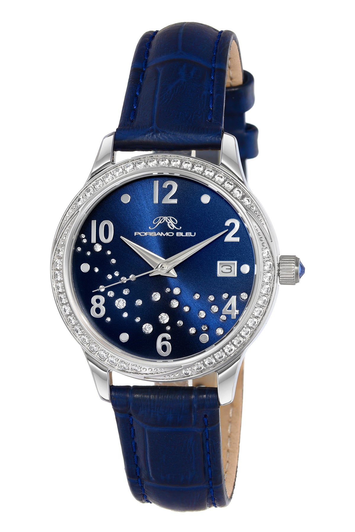Porsamo Bleu Ruby Luxury Women's Genuine Leather Band Watch, Silver, Blue 1142ARUL