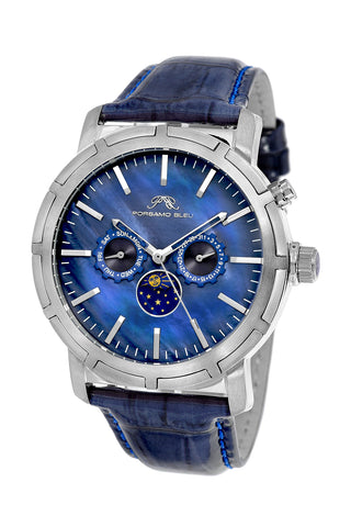 Porsamo Bleu NYC Moon luxury men's watch, genuine leather band, silver, blue 058ANYL