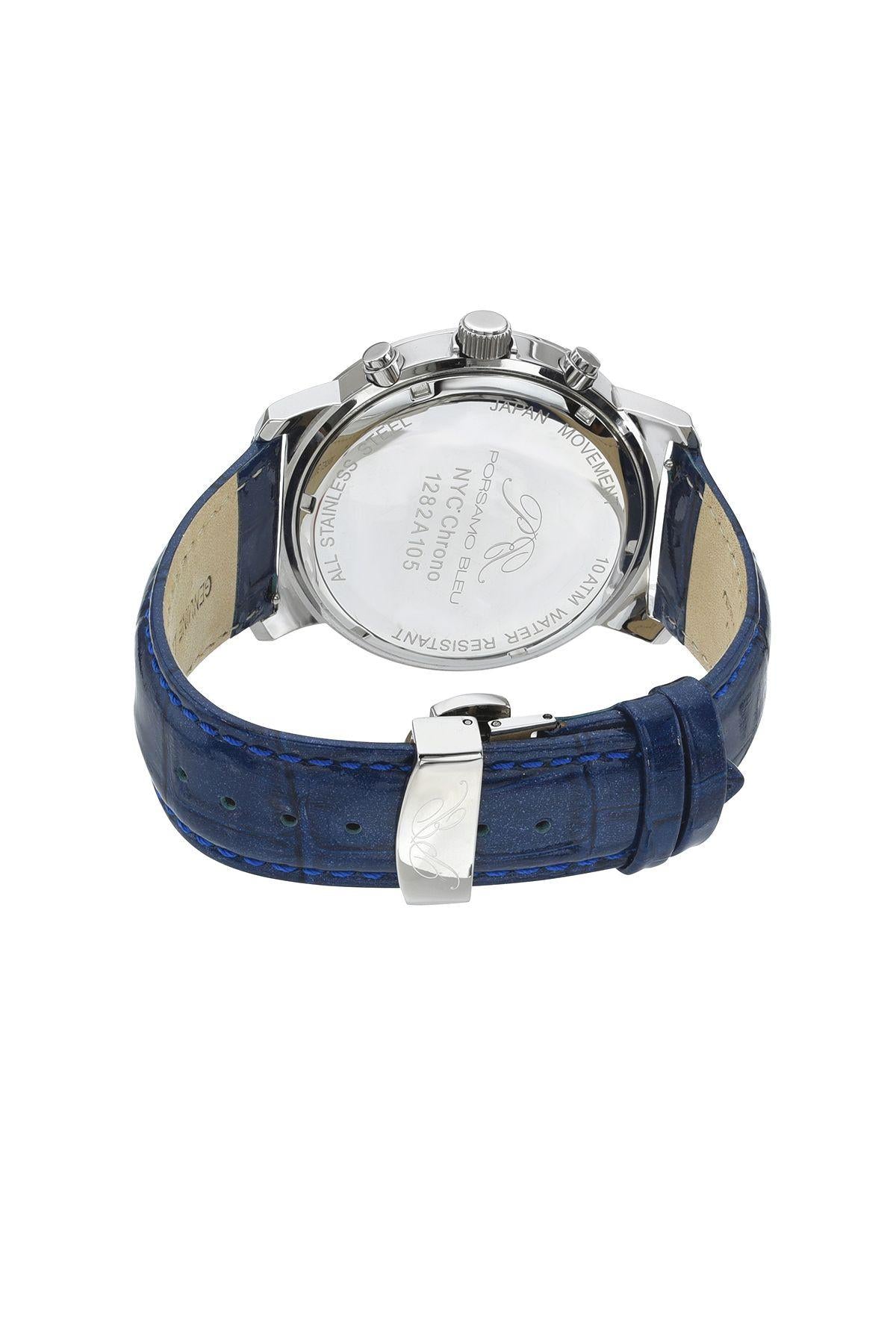 Porsamo Bleu NYC Chrono Luxury Men's Genuine Leather Chronograph Watch With Blue MOP Dial, Silver, 1282ANYL