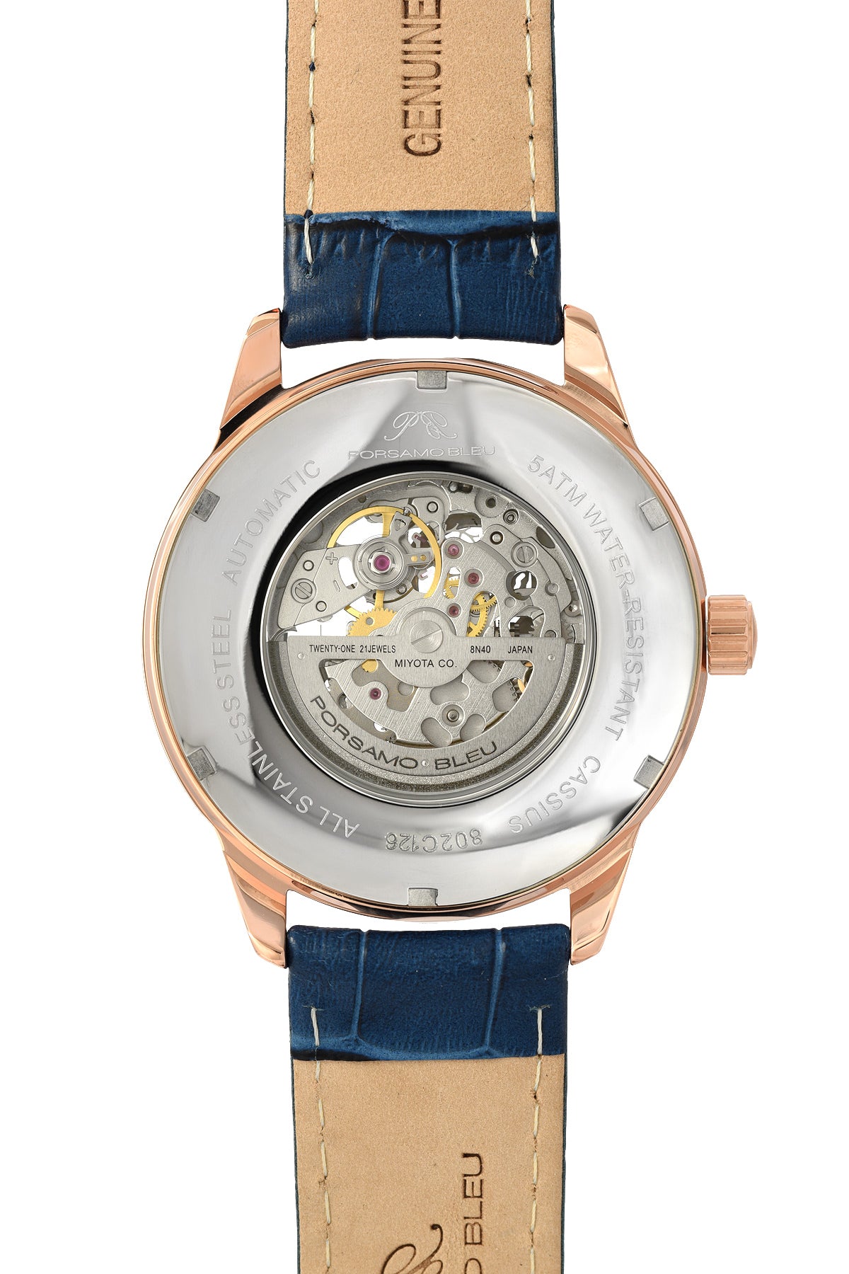 Porsamo Bleu Cassius Luxury Automatic Men's Watch, Genuine Leather Band, Rose, Blue 802CCAL