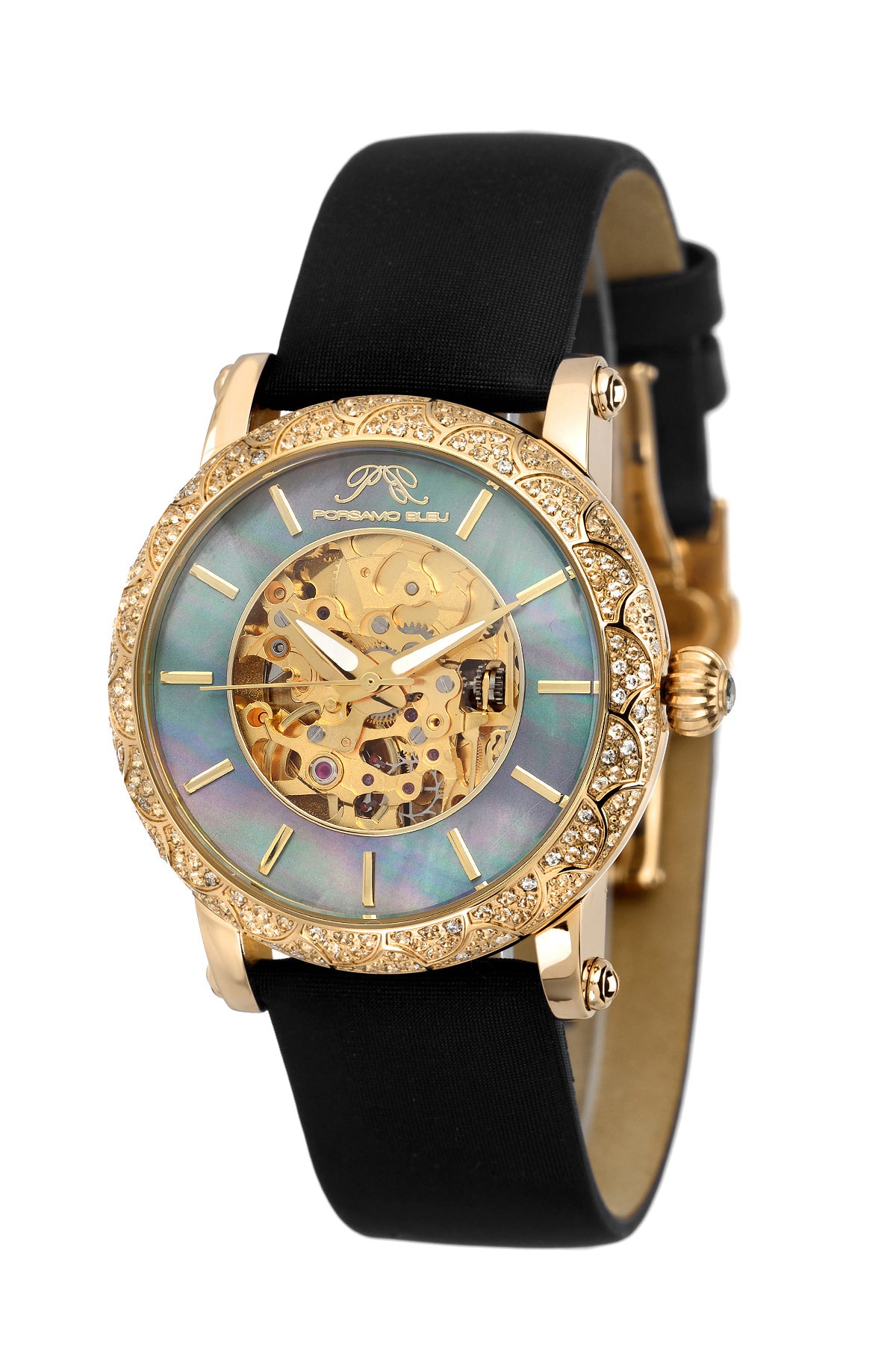 Porsamo Bleu Liza Luxury Automatic Topaz Women's Satin Leather Watch, Gold, Blue, Black 692BLIL