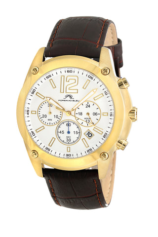 Porsamo Bleu Nathan luxury chronograph men's watch, genuine leather band, gold, brown 641BNAL