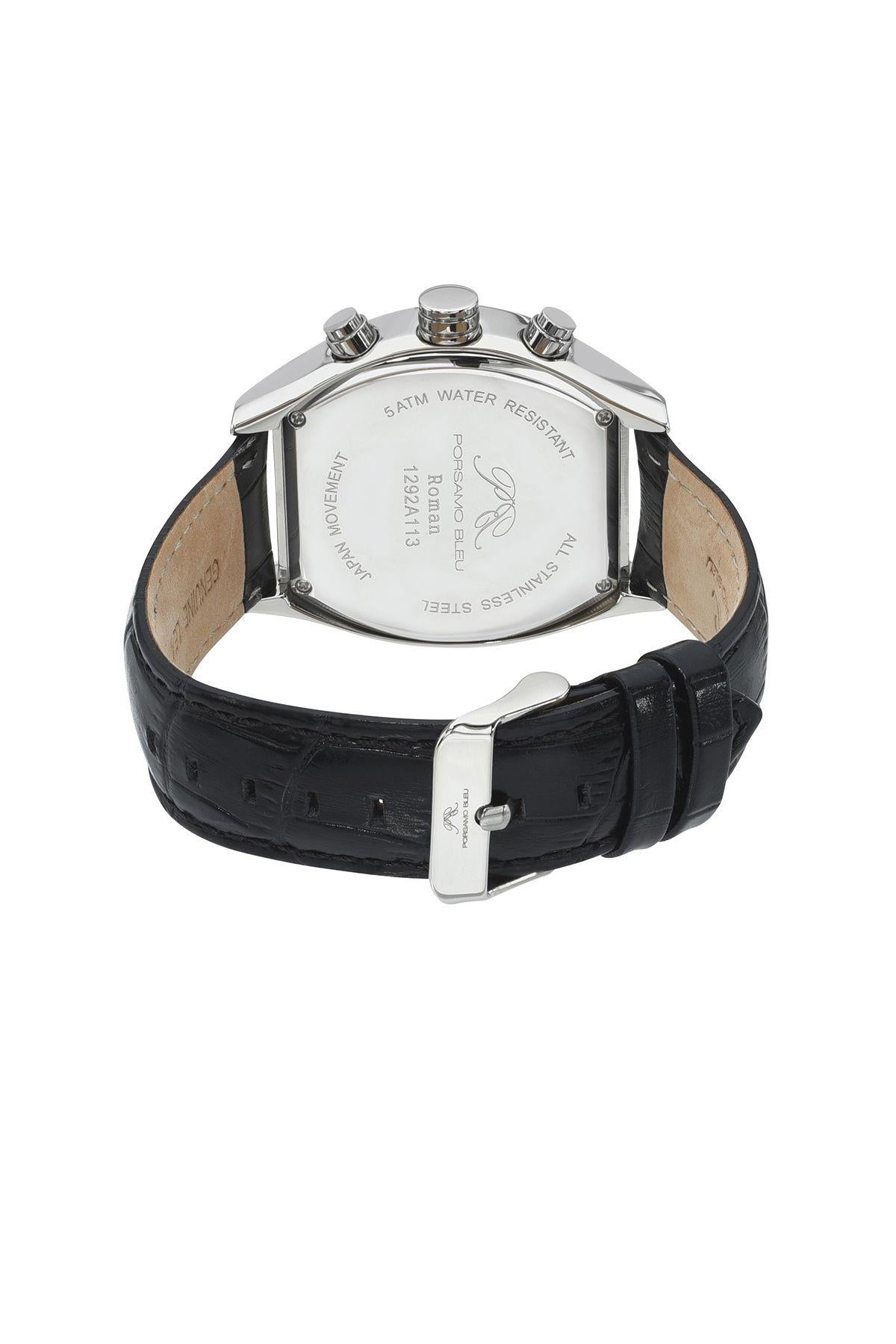 Porsamo Bleu Roman Luxury Men's Genuine Leather Chronograph Watch With White Dial, Silver, Black, 1292AROL