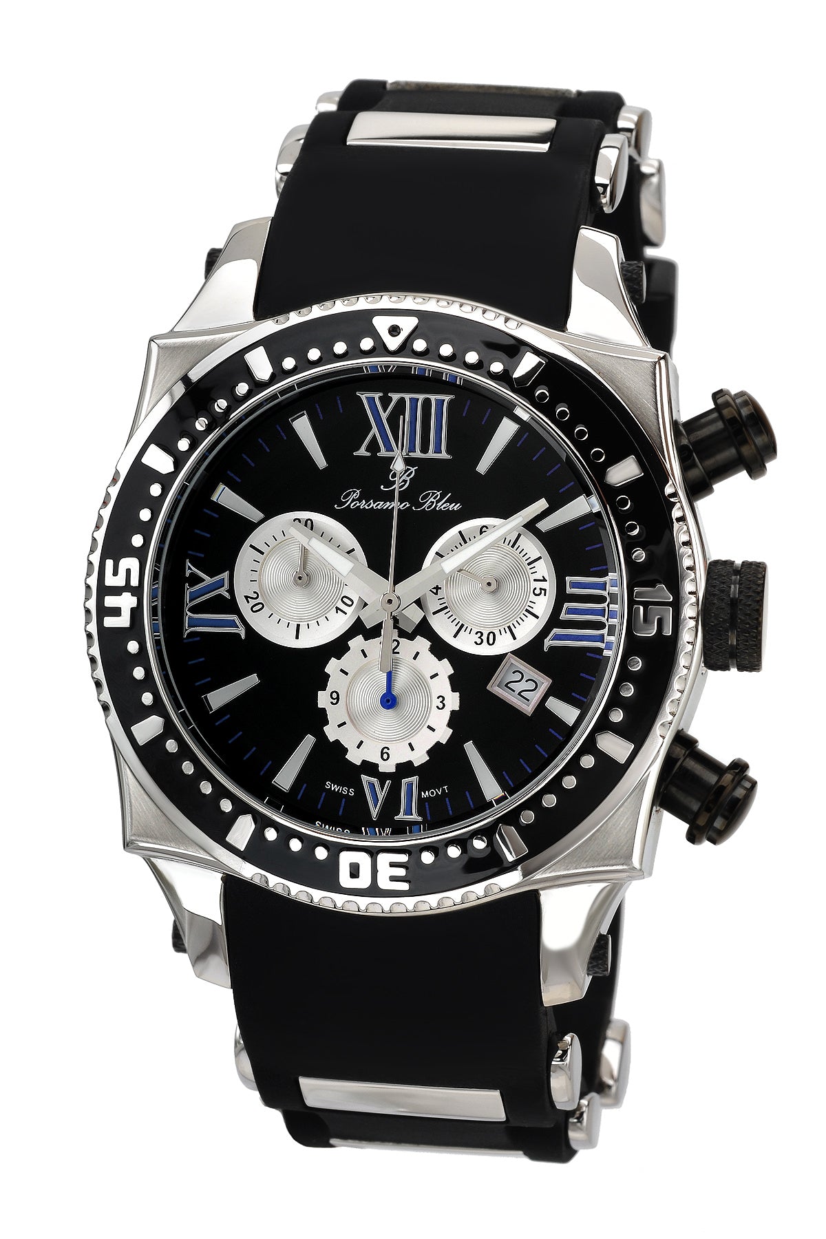 Porsamo Bleu Milan M luxury chronograph men's watch, silicone strap, silver, black, 034BMIR