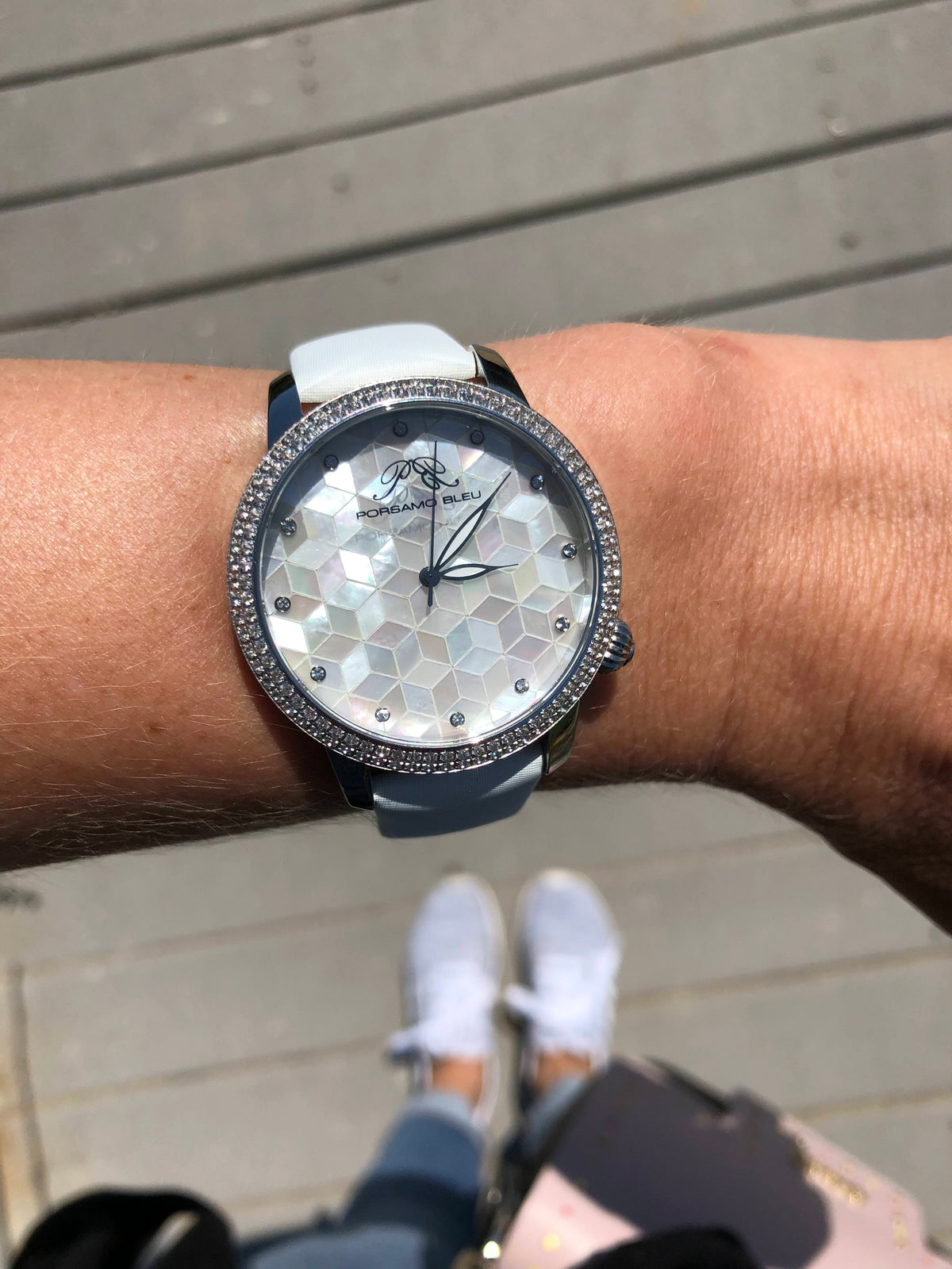 Porsamo Bleu Evelyn Luxury Topaz Women's Watch, Satin Genuine Leather Band, Silver, White 763AEVL