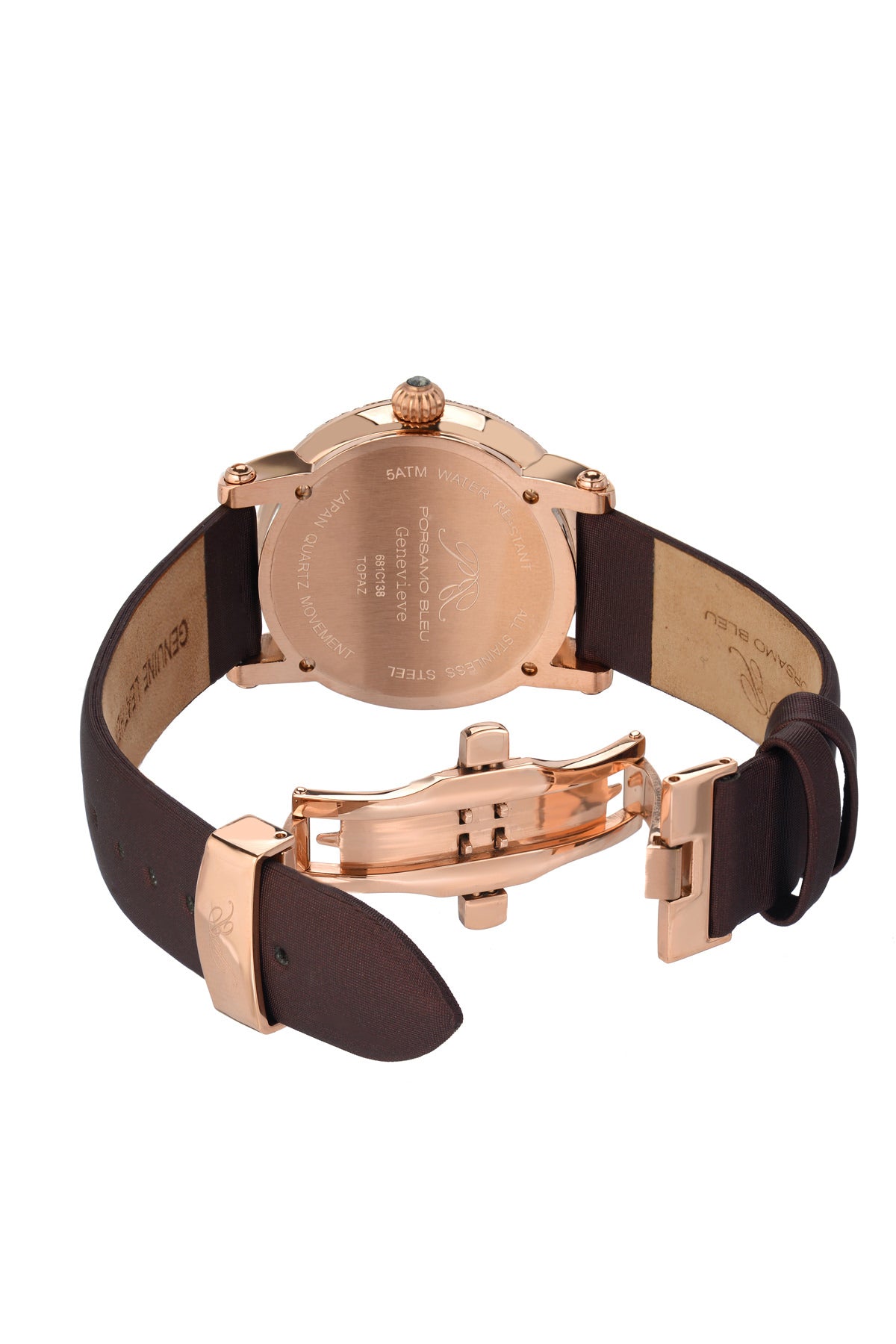 Porsamo Bleu Genevieve Luxury Topaz Women's Watch Satin Leather Watch, Rose, Brown 681CGEL