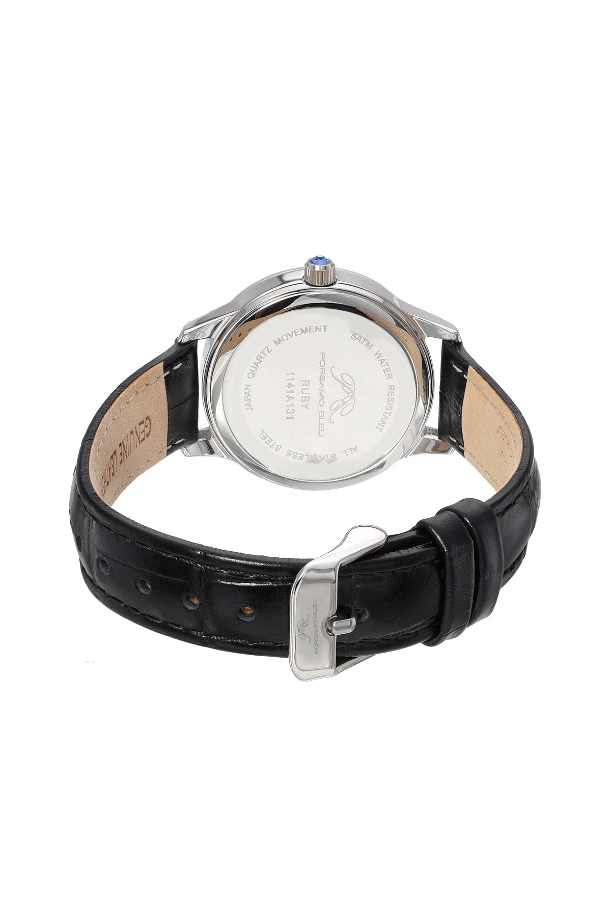 Porsamo Bleu Ruby Luxury Women's Genuine Leather Band Watch, Silver, Black 1141ARUL