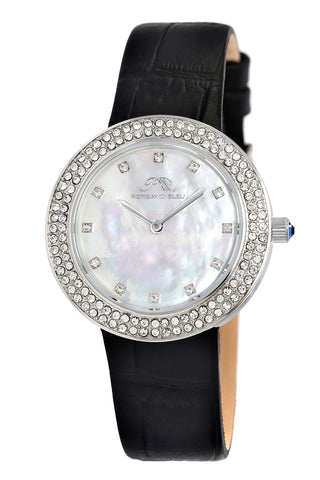 Porsamo Bleu Larissa luxury women's watch, genuine leather band, crystal inlaid bezel, white, silver,black 891ALAL