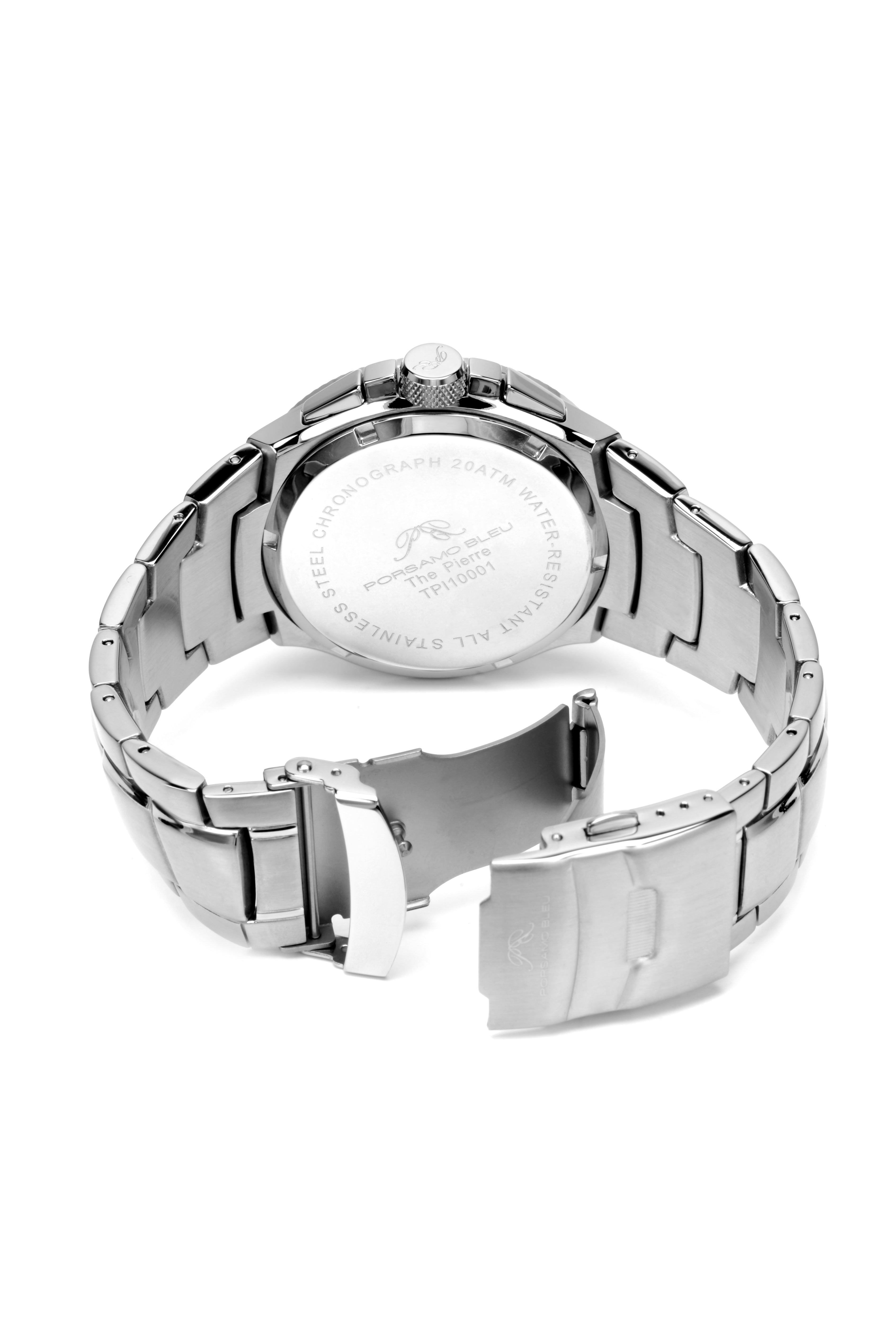 Porsamo Bleu Pierre luxury chronograph men's stainless steel watch, silver, white 251APIS