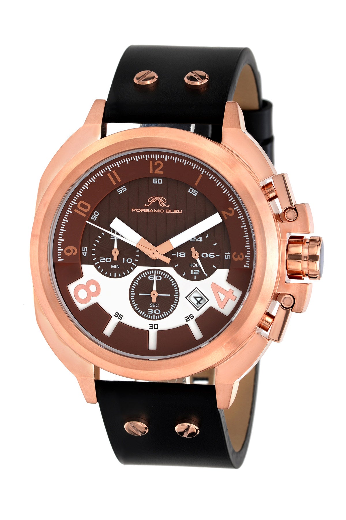 Porsamo Bleu Connor luxury chronograph men's watch, genuine leather band, rose, black 422CCOL