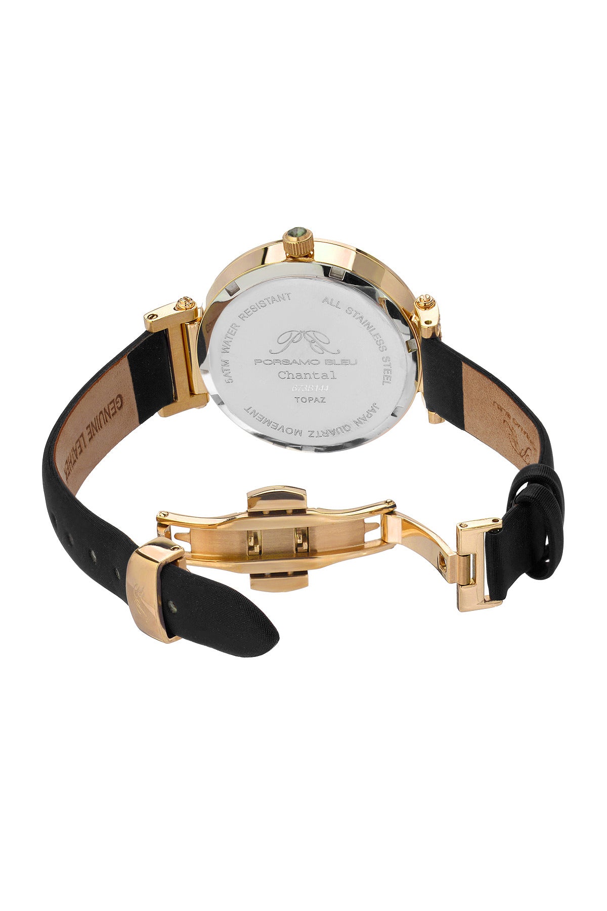 Porsamo Bleu Chantal Luxury Topaz Womens Watch Satin Covered Genuine Leather Gold Black 673BCHL