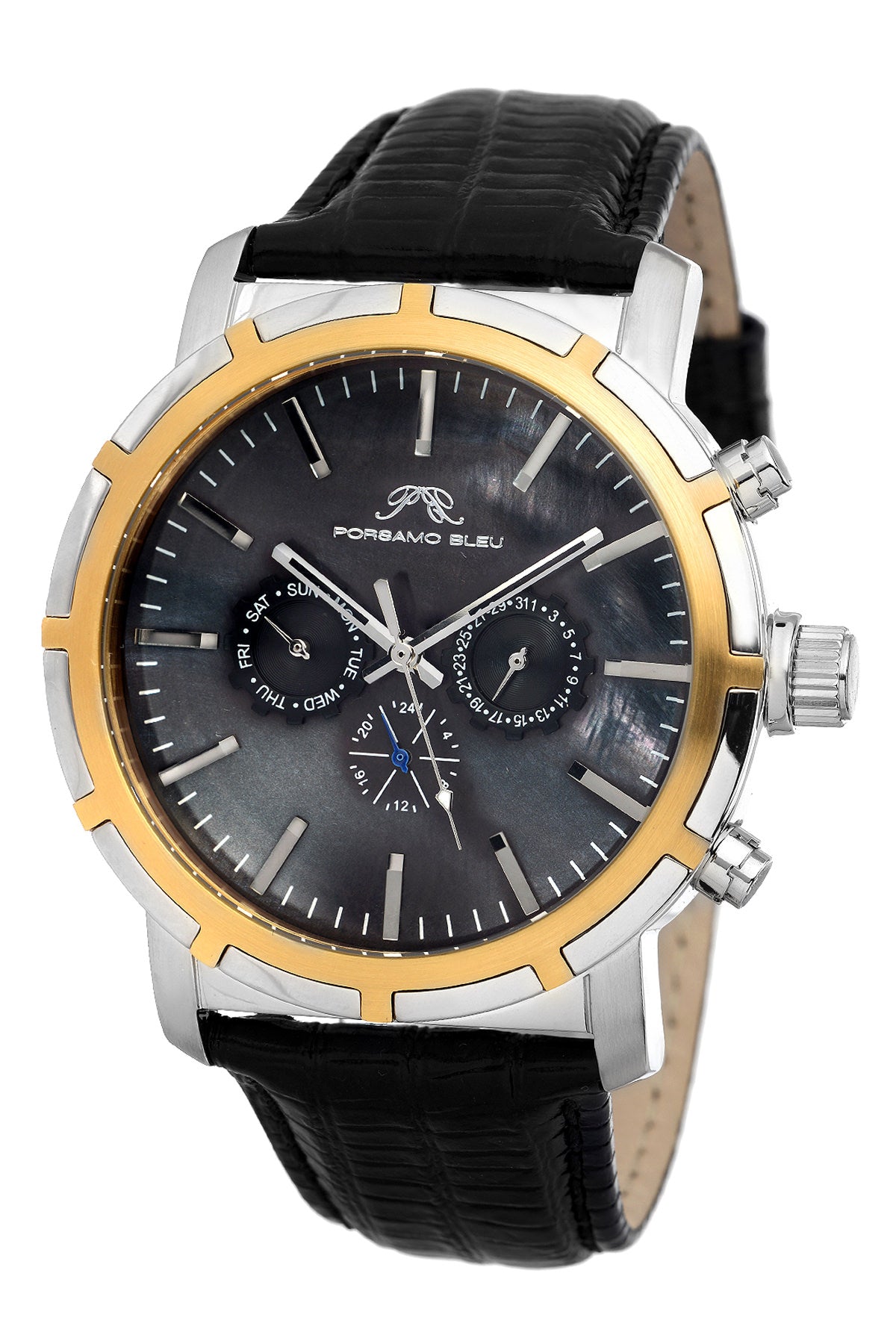 Porsamo Bleu NYC luxury men's watch, genuine leather band, silver, gold, black 051DNYL