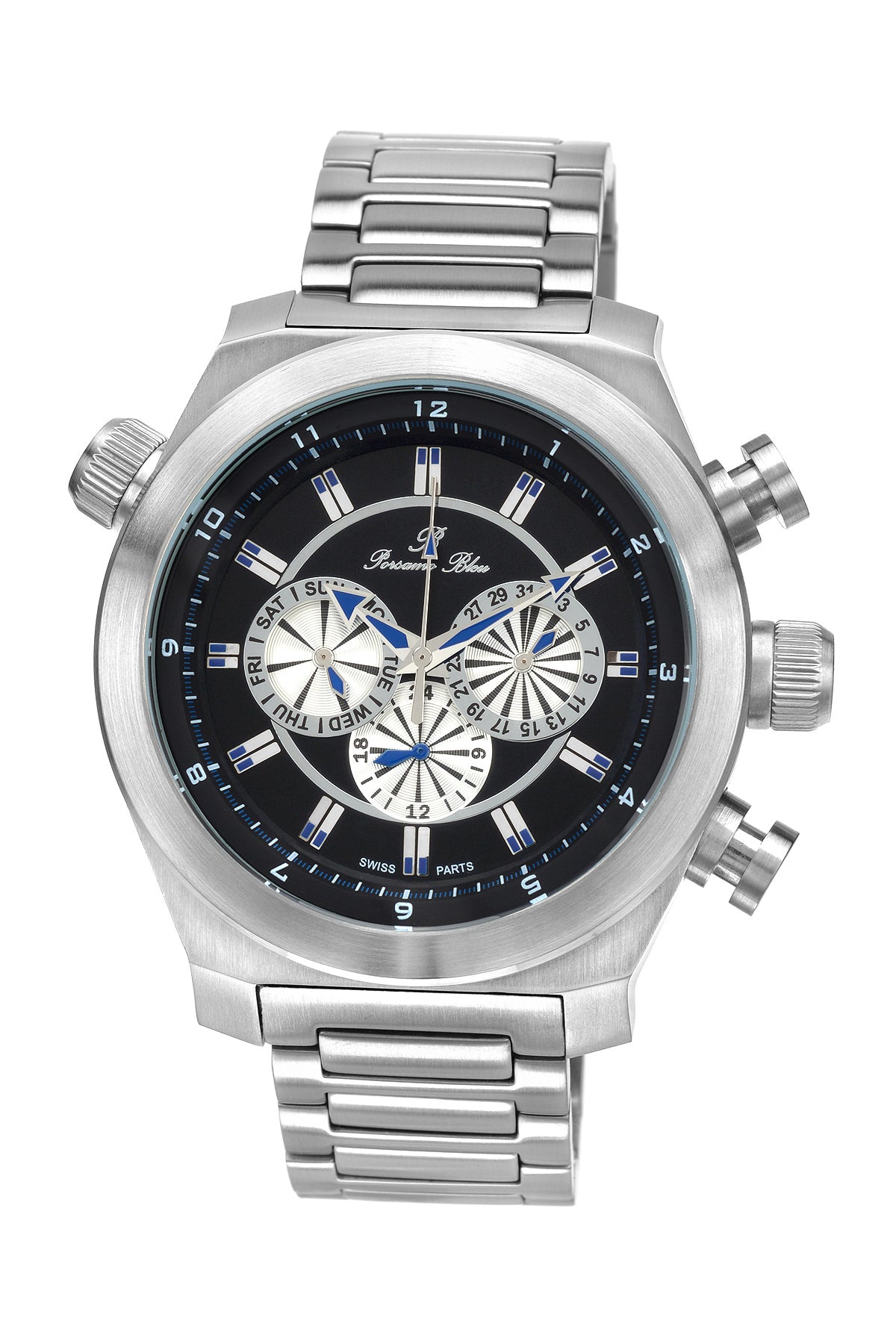 Porsamo Bleu Sydney luxury men's stainless steel watch, silver, black 163ASYS