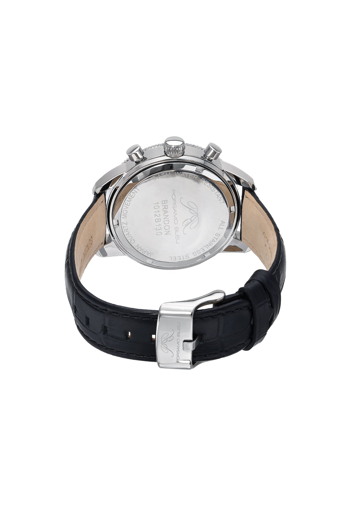 Porsamo Bleu Brandon Luxury Chronograph Men's Genuine Leather Band Watch, Silver, Black 1012BBRL