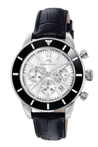 Porsamo Bleu Brandon luxury chronograph men's genuine leather band watch, silver, black 1012BBRL