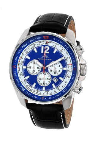 Porsamo Bleu Martin luxury  chronograph men's watch, genuine leather band, silver, black, blue 352AMAL