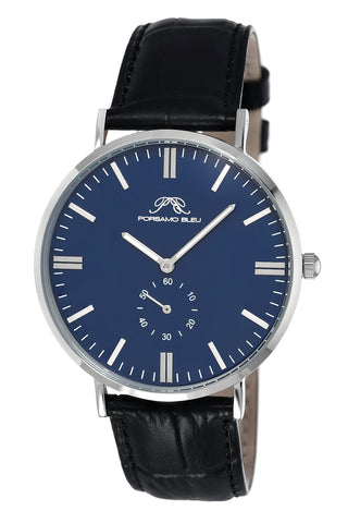 Porsamo Bleu Henry Luxury Men's Watch, Genuine Leather Band, Silver, Black, Blue 842AHEL