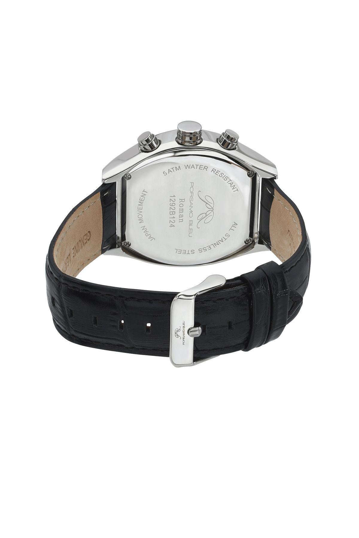 Porsamo Bleu Roman Luxury Men's Genuine Leather Chronograph Watch With Black Dial, Silver, Black, 1292BROL