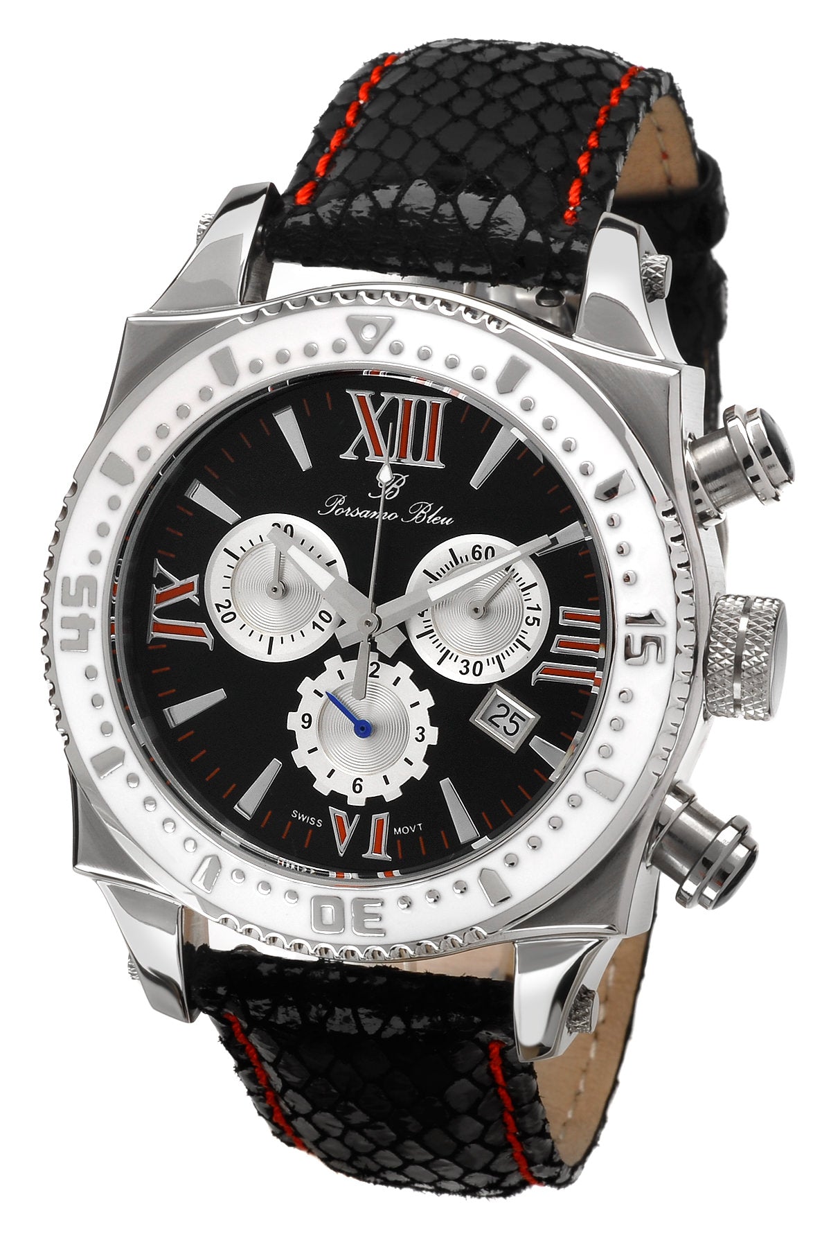 Porsamo Bleu Milan M luxury chronograph men's watch, genuine leather band silver, black 031AMIL