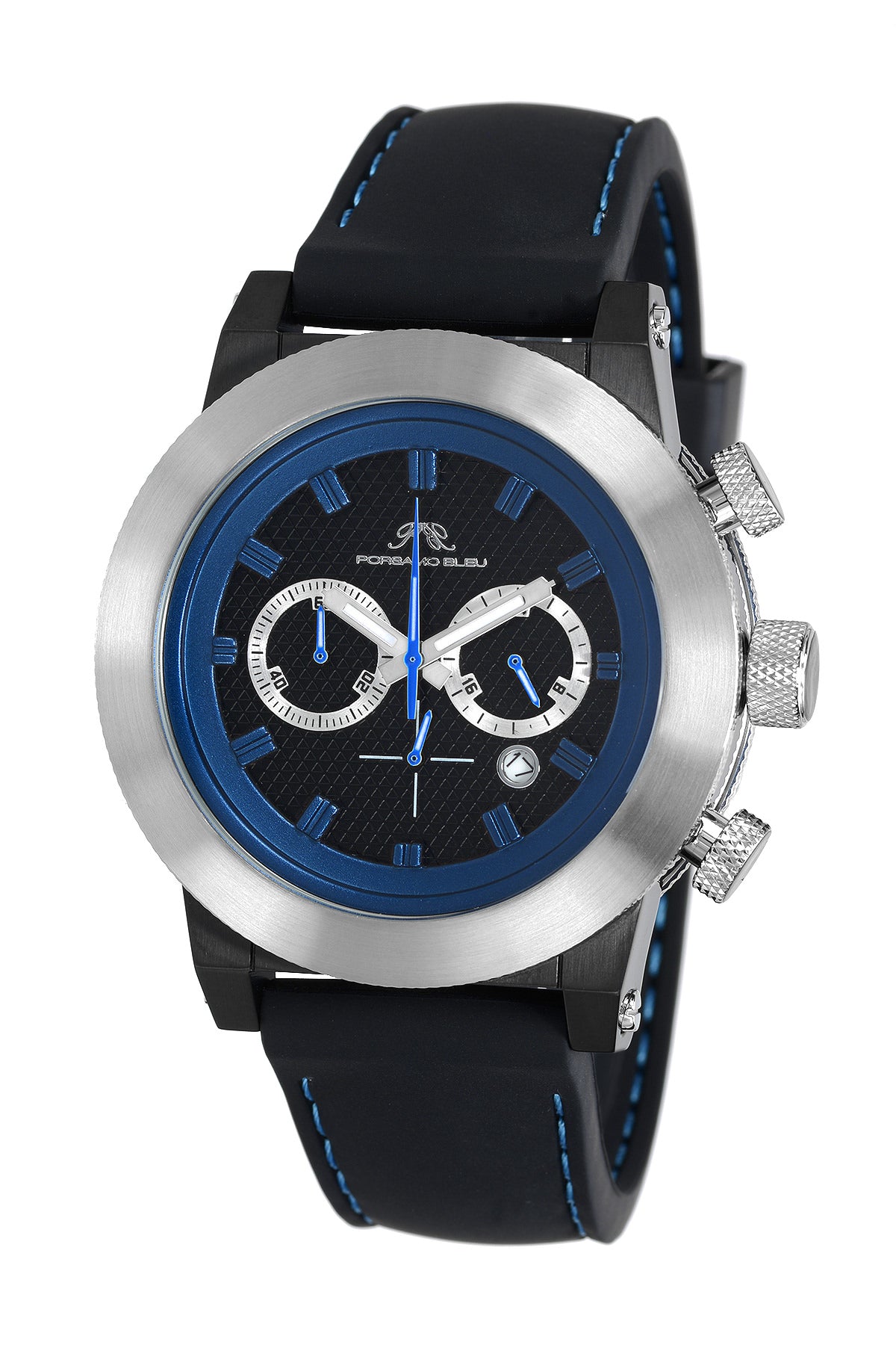 Porsamo Bleu Finley luxury chronograph men's watch, silicone strap, silver, black, blue 402DFIR
