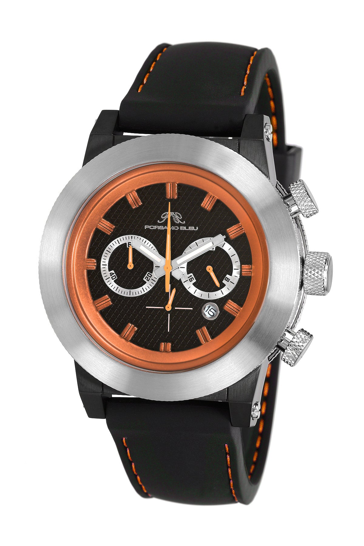 Porsamo Bleu Finley luxury chronograph men's watch, silicone strap, silver, black, orange 402BFIR
