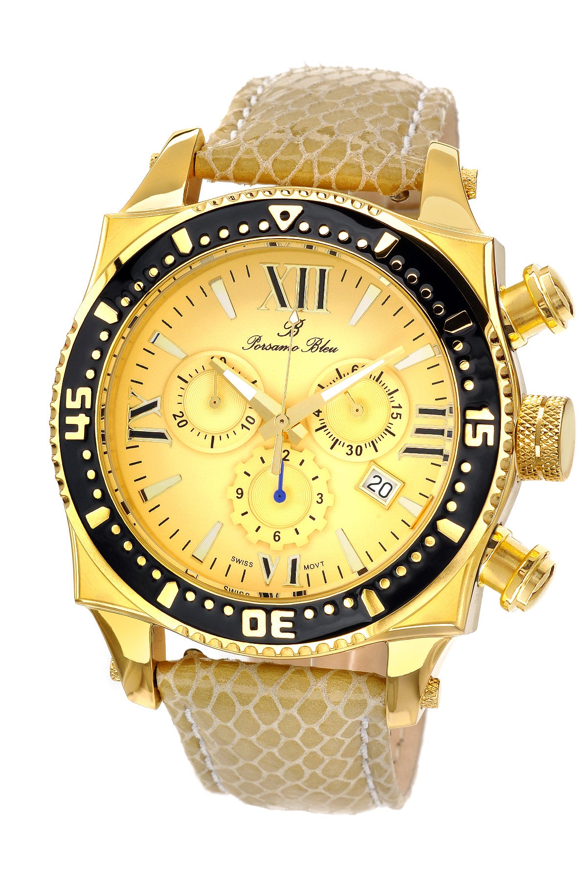 Porsamo Bleu Milan M luxury chronograph men's watch, genuine leather band, gold, beige, black, 033CMIL