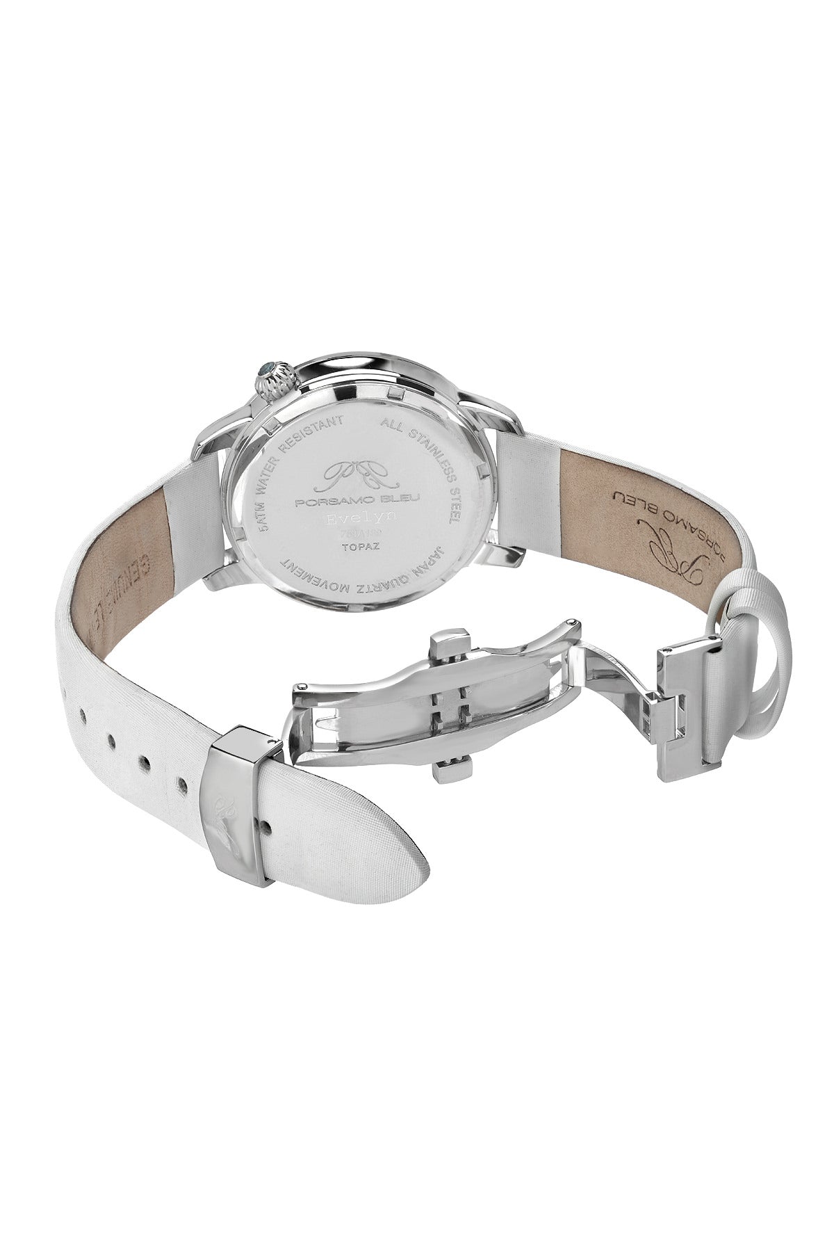 Porsamo Bleu Evelyn Luxury Topaz Women's Watch, Satin Genuine Leather Band, Silver, White 763AEVL