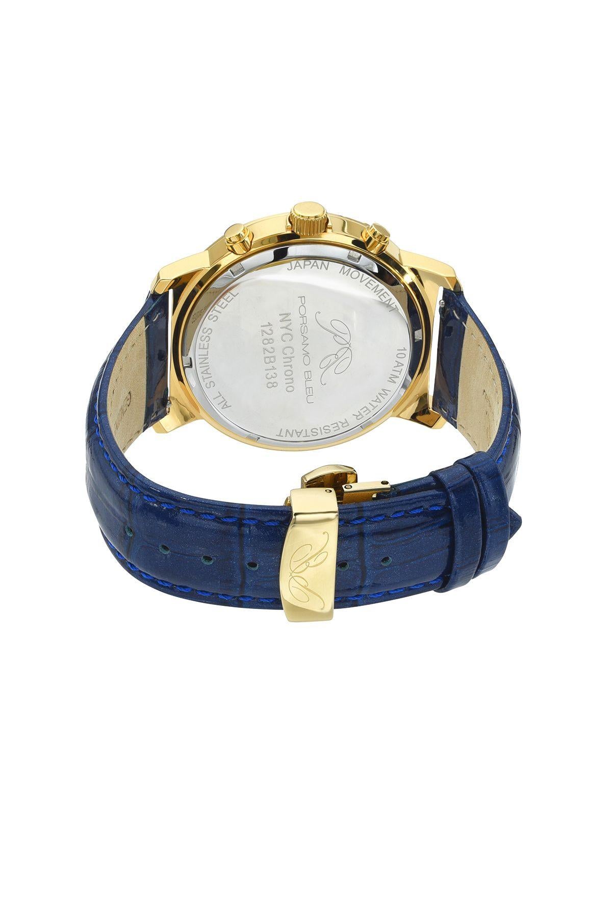 Porsamo Bleu NYC Chrono Luxury Men's Genuine Leather Chronograph Watch With Blue MOP Dial, Gold, 1282BNYL