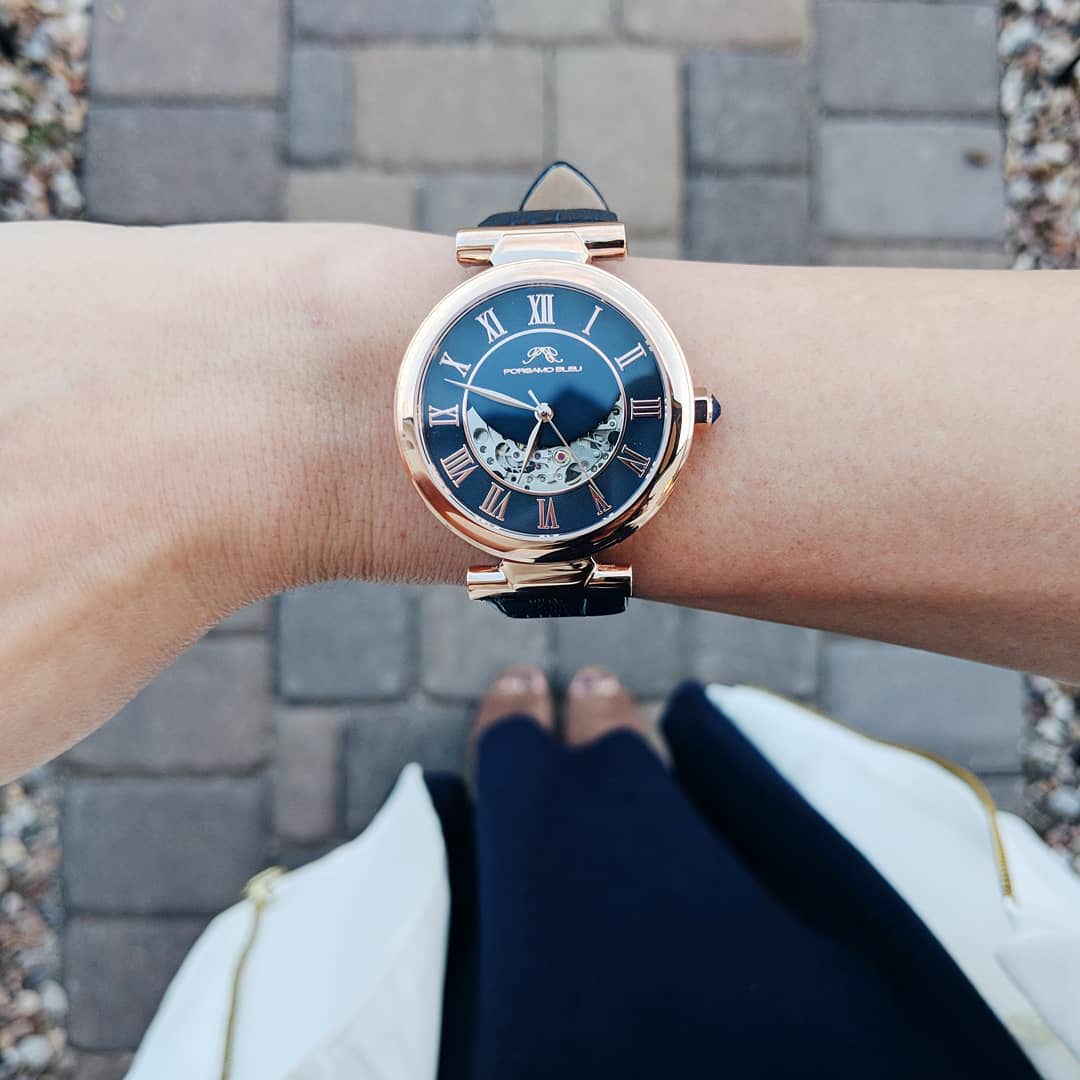 Porsamo Bleu Coco luxury automatic women's watch, genuine leather band, rose, blue 812CCOL