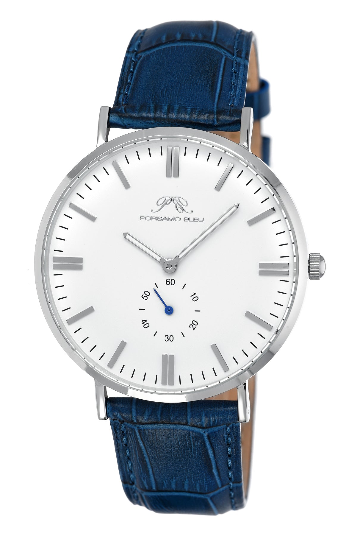Porsamo Bleu Henry luxury men's watch, genuine leather band, silver, blue, white 841BHEL