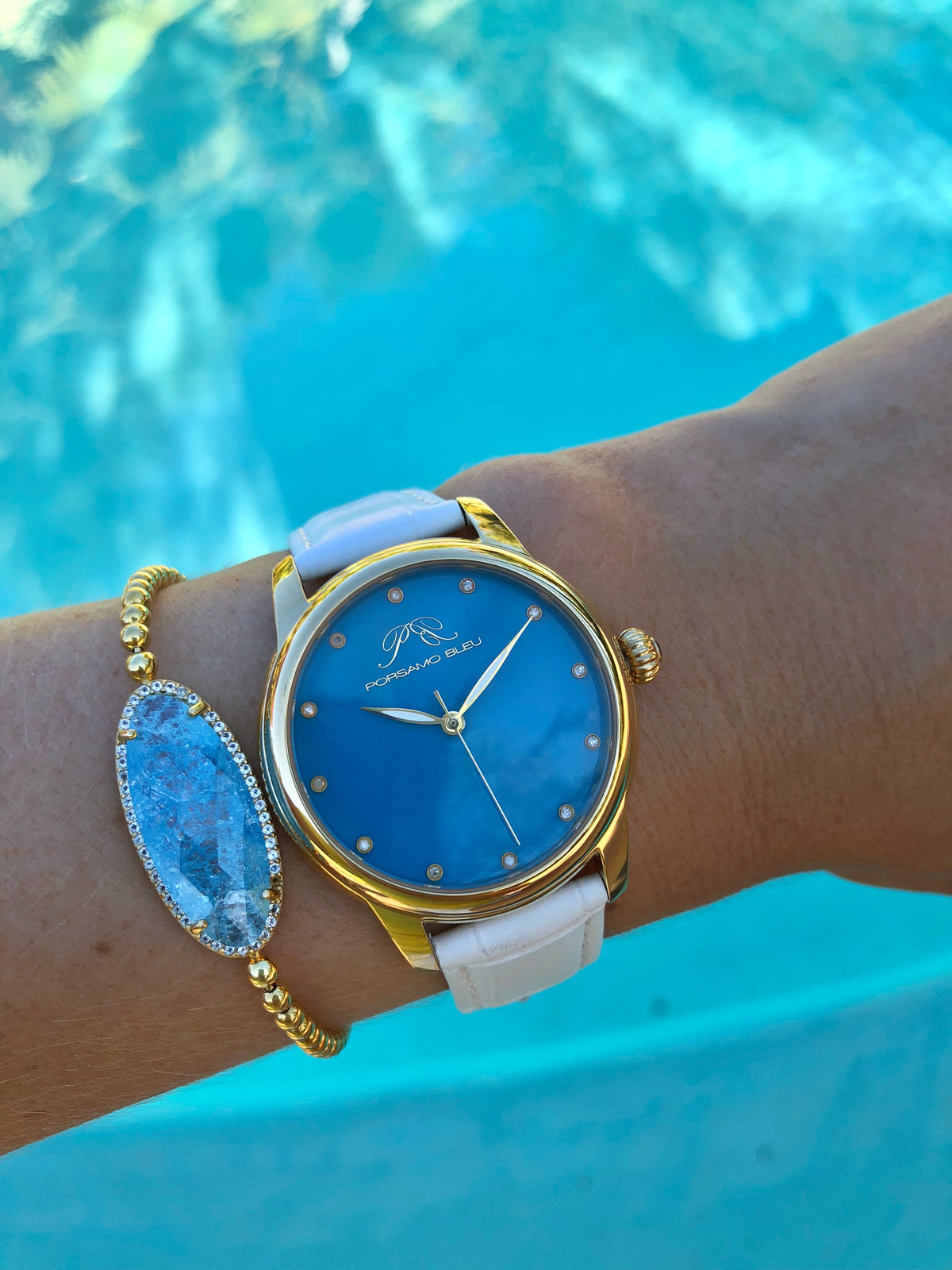Porsamo Bleu Gemma Luxury Diamond Women's Watch, Genuine Leather Band, Gold, White, Turquoise 732AGEL