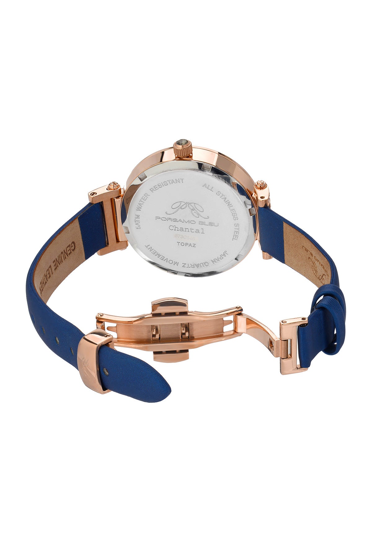 Porsamo Bleu Chantal Luxury Topaz Women's Watch, Satin Covered Genuine Leather Band, Rose, Blue 673CCHL