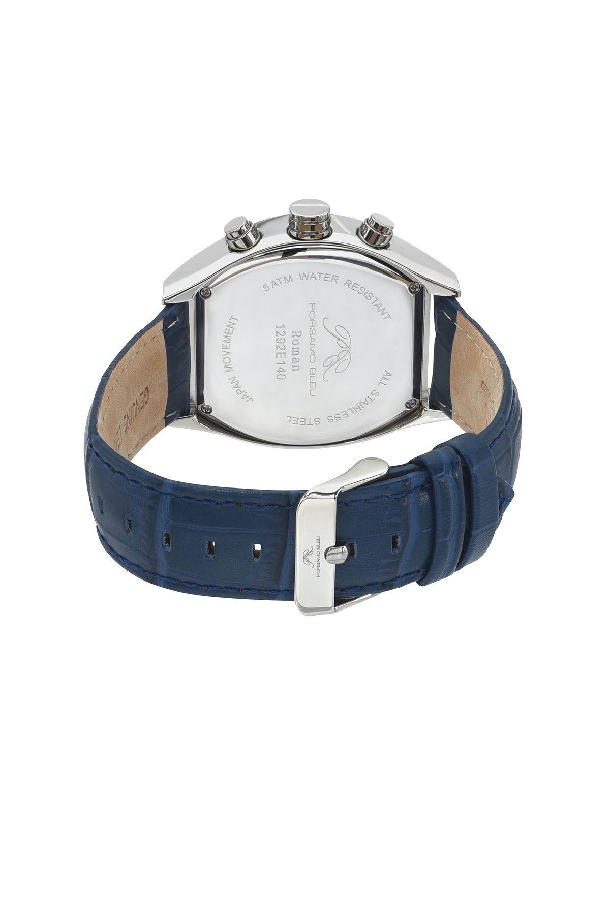 Porsamo Bleu Roman Luxury Men's Genuine Leather Chronograph Watch With Blue Dial, Silver, 1292EROL