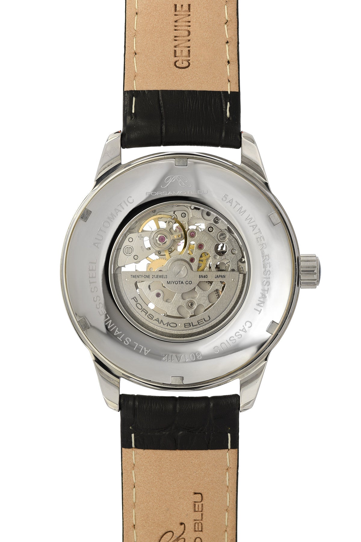 Porsamo Bleu Cassius luxury automatic men's watch, genuine leather band, silver, black, white 801ACAL
