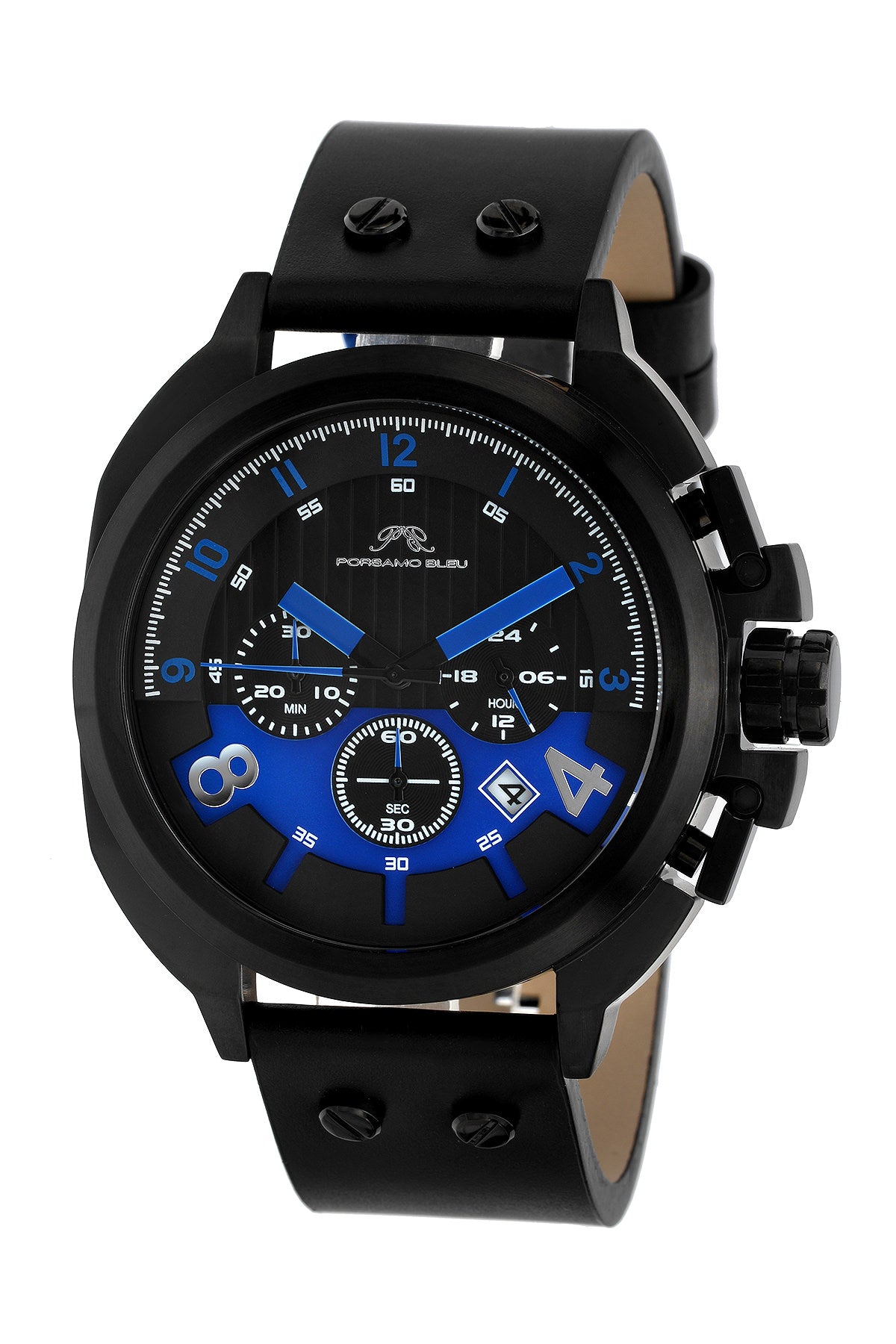 Porsamo Bleu Connor luxury chronograph men's watch, genuine leather band, black, blue 421ACOL